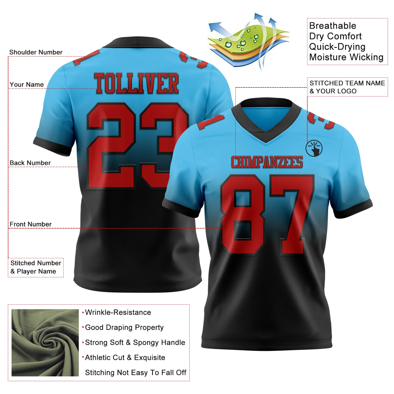 Custom Sky Blue Red-Black Authentic Fade Fashion Football Jersey - Image 2