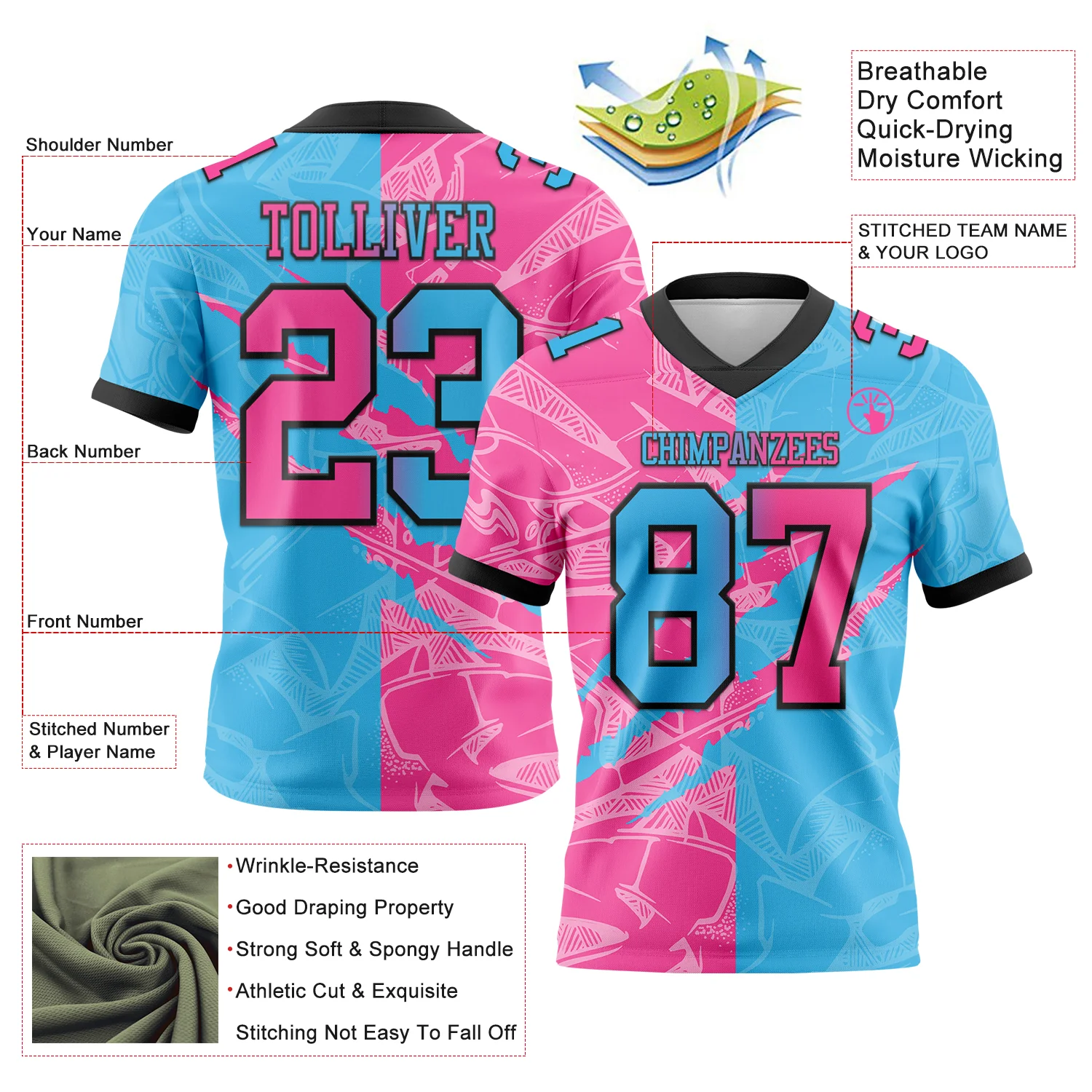 Custom Sky Blue Pink-Black Authentic Gradient Fashion Scratch Football Jersey - Image 3