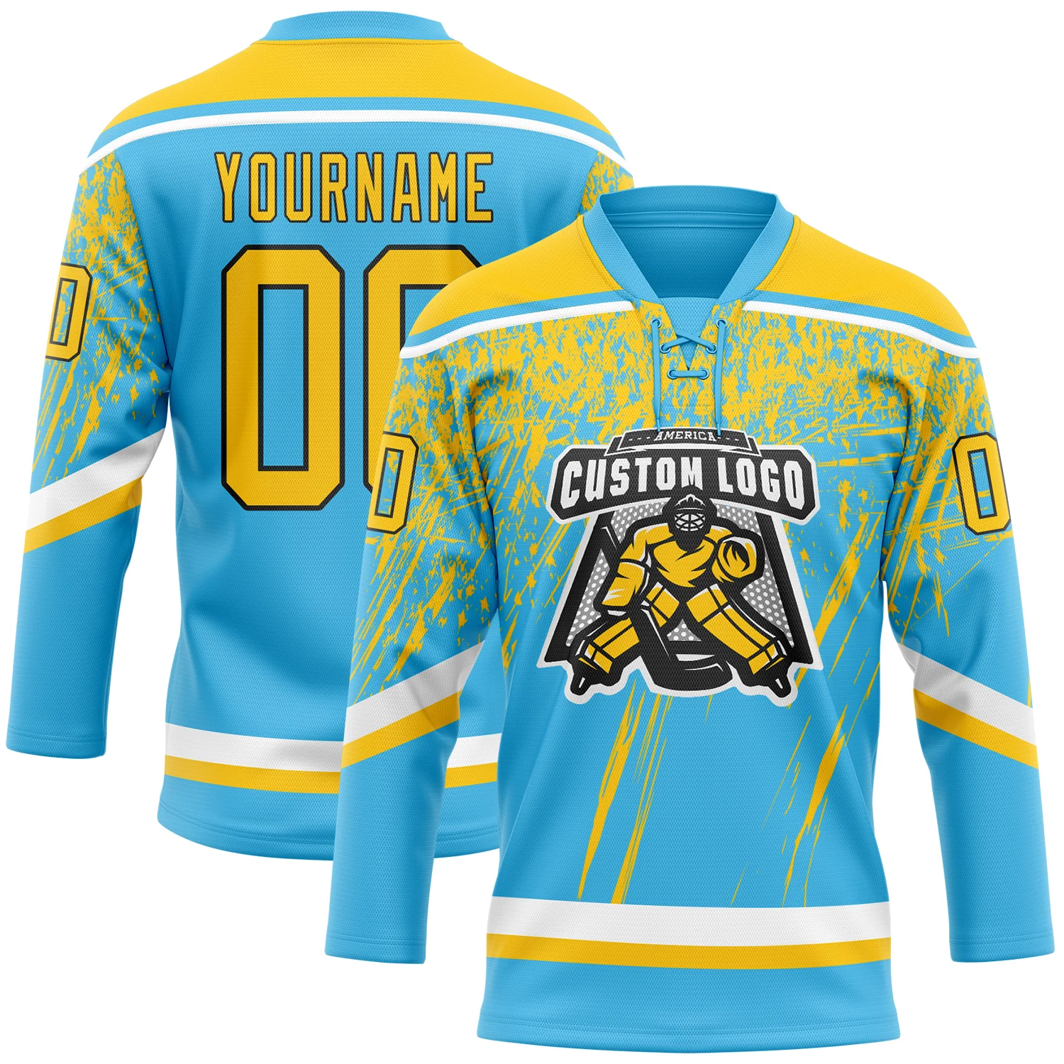 Custom Sky Blue Yellow Black-White 3D Splash Hockey Lace Neck Jersey - Image 2
