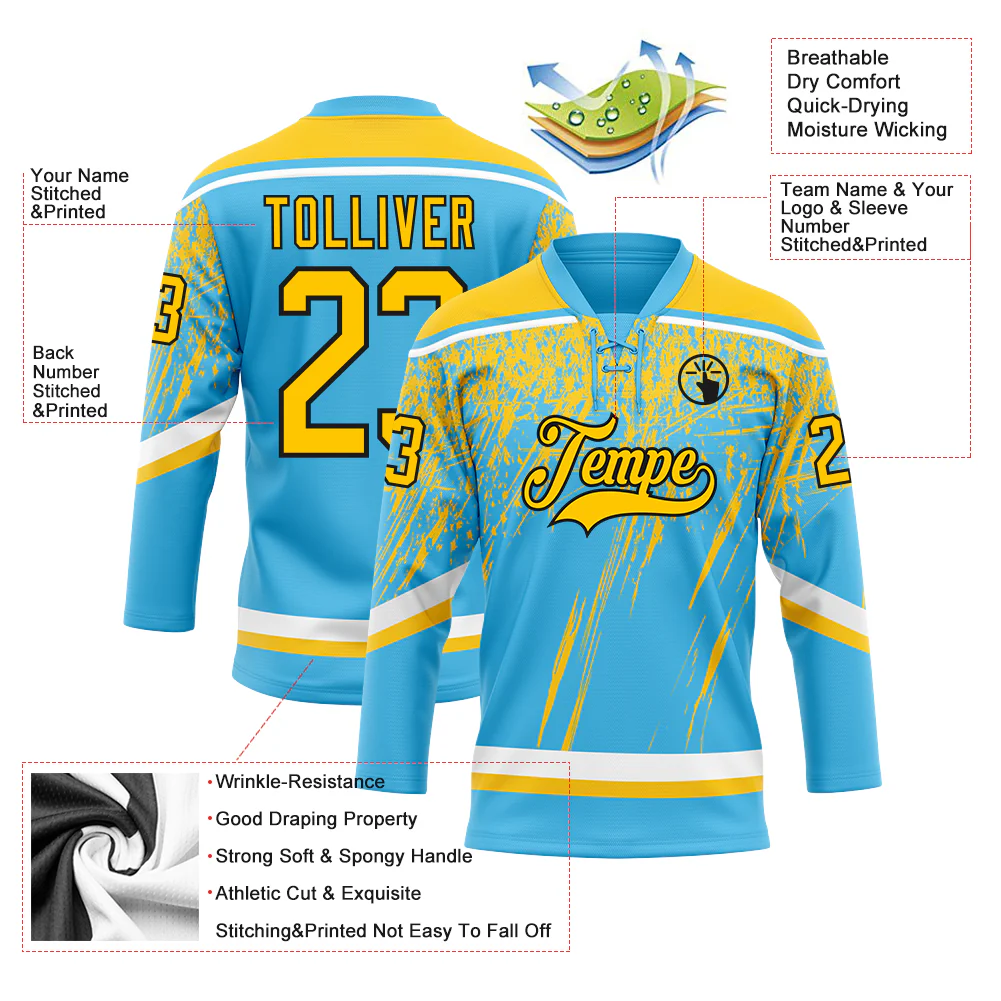 Custom Sky Blue Yellow Black-White 3D Splash Hockey Lace Neck Jersey - Image 3