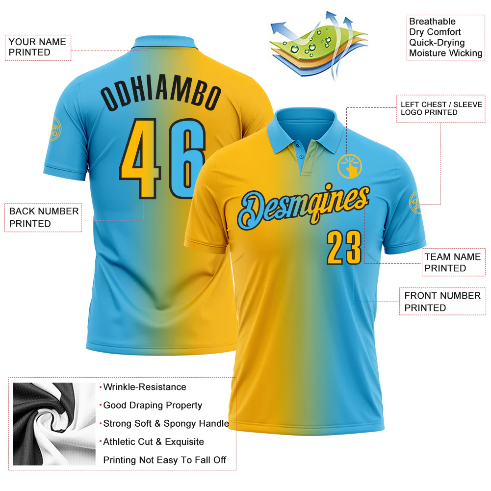 Custom Sky Blue Gold-Black 3D Gradient Fashion Performance Polo Shirt - Image 3