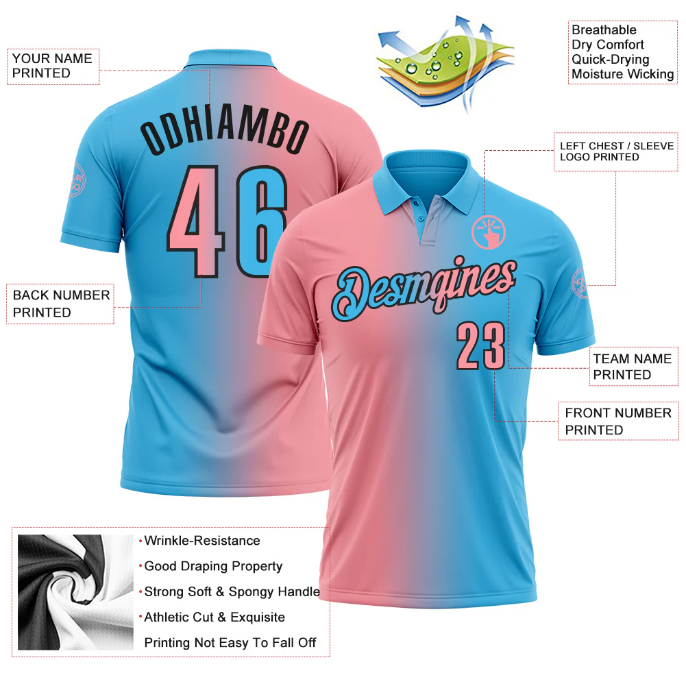 Custom Sky Blue Medium Pink-Black 3D Gradient Fashion Performance Polo Shirt - Image 3