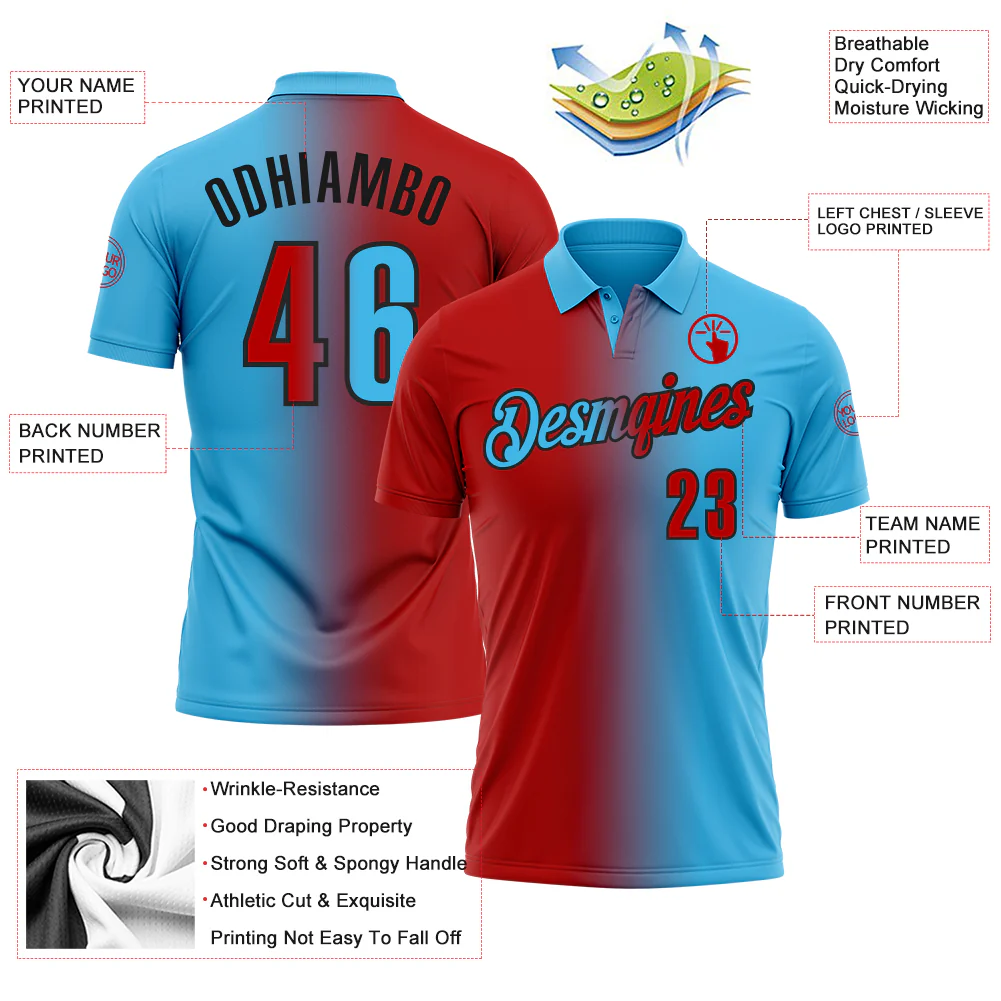 Custom Sky Blue Red-Black 3D Gradient Fashion Performance Polo Shirt - Image 3