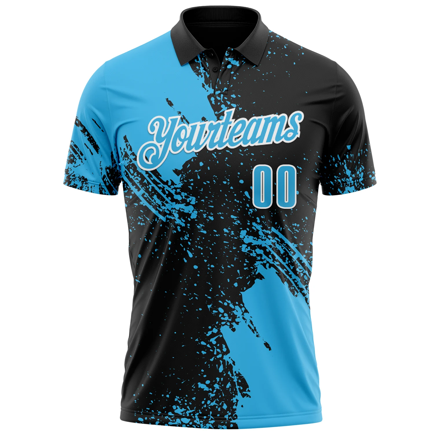 Custom Sky Blue Black-White 3D Pattern Design Abstract Brush Stroke Performance Polo Shirt - Image 2