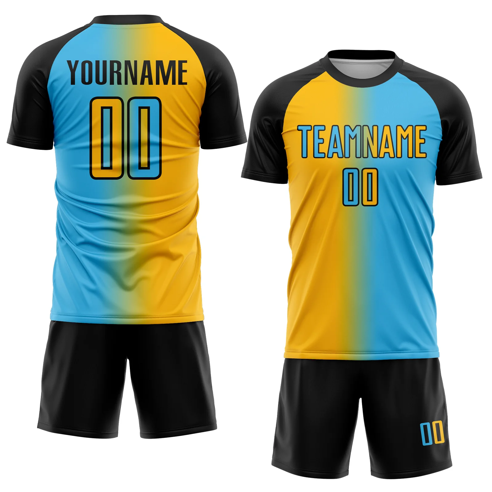 Custom Sky Blue Gold-Black Sublimation Gradient Fashion Soccer Uniform Jersey - Image 2