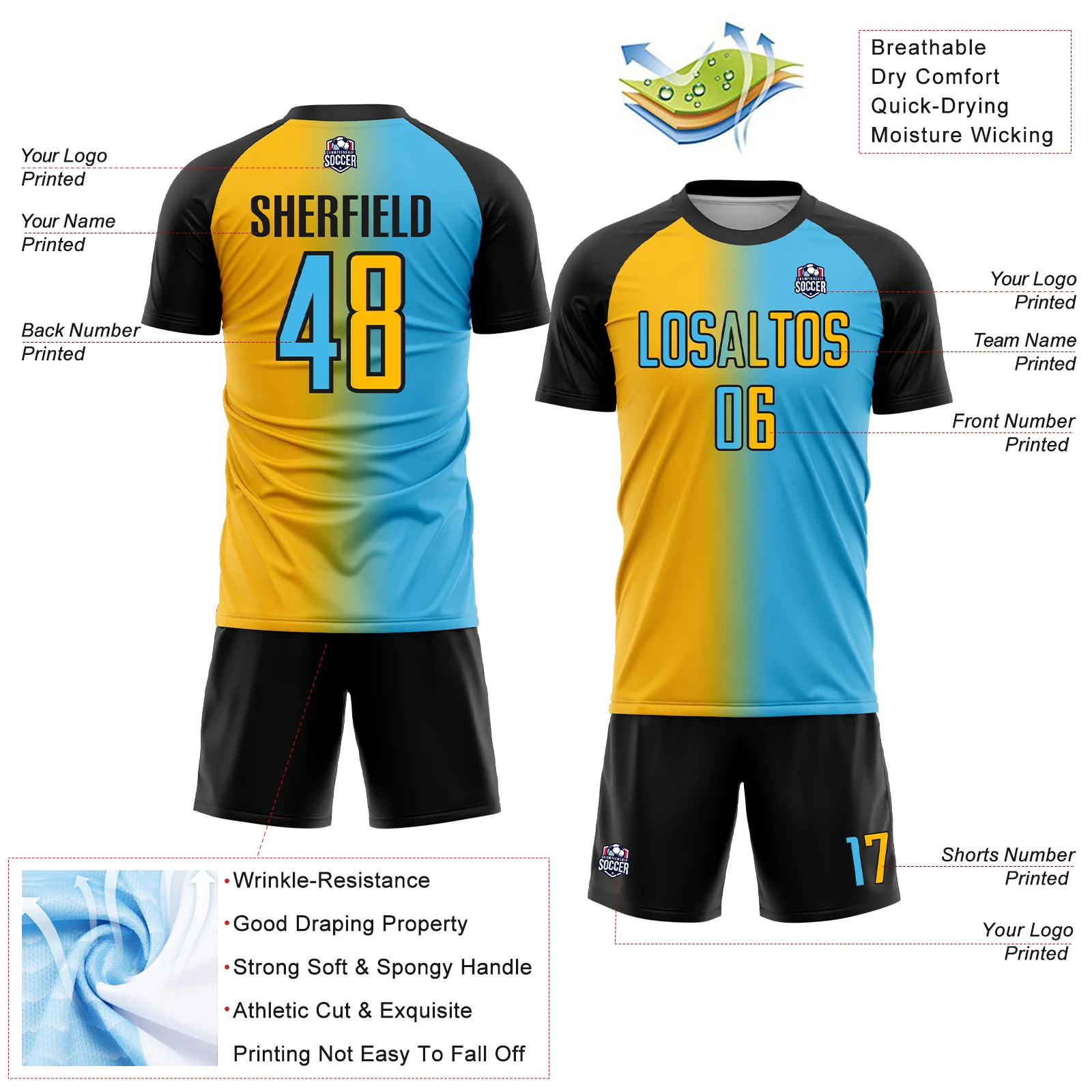 Custom Sky Blue Gold-Black Sublimation Gradient Fashion Soccer Uniform Jersey - Image 4