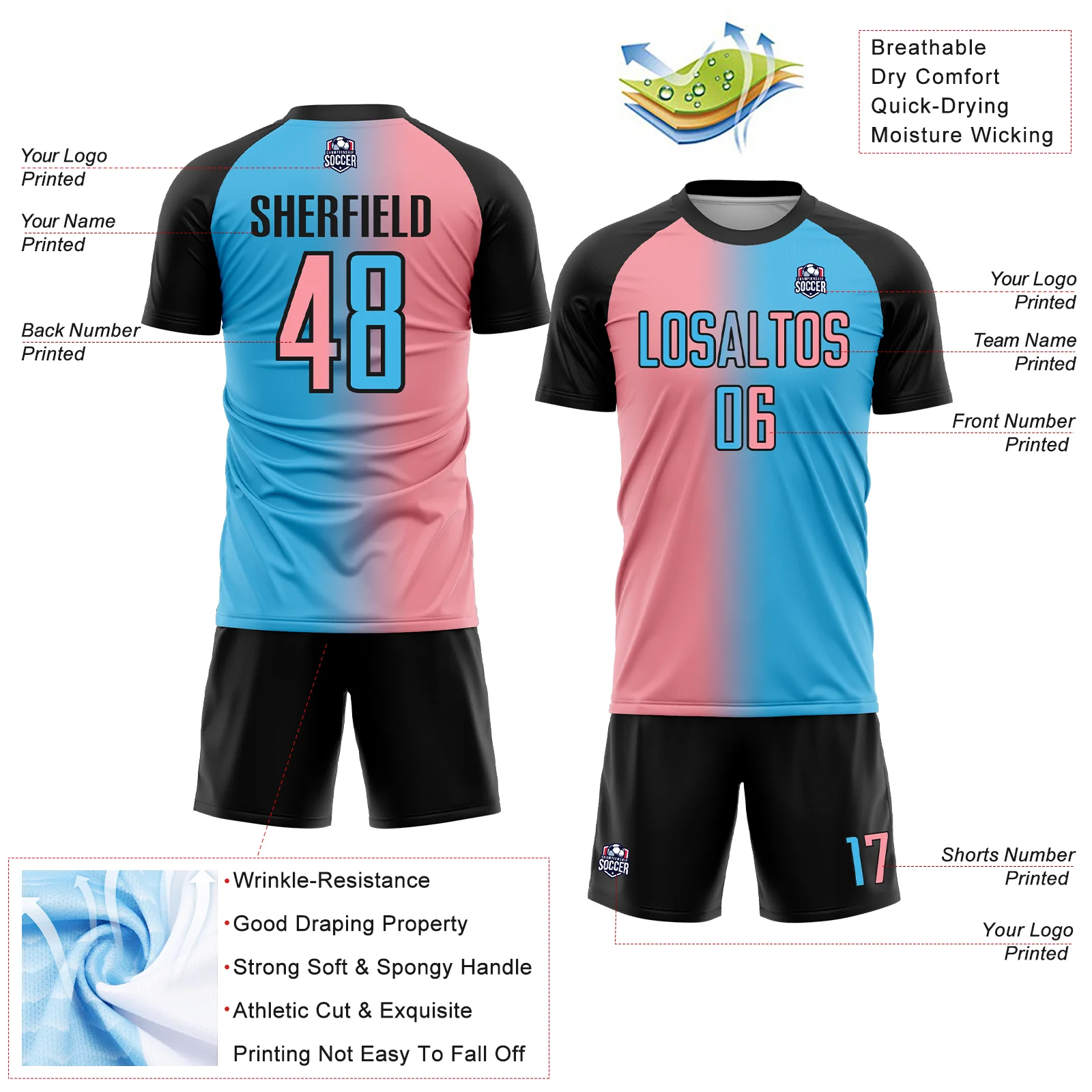Custom Sky Blue Medium Pink-Black Sublimation Gradient Fashion Soccer Uniform Jersey - Image 4