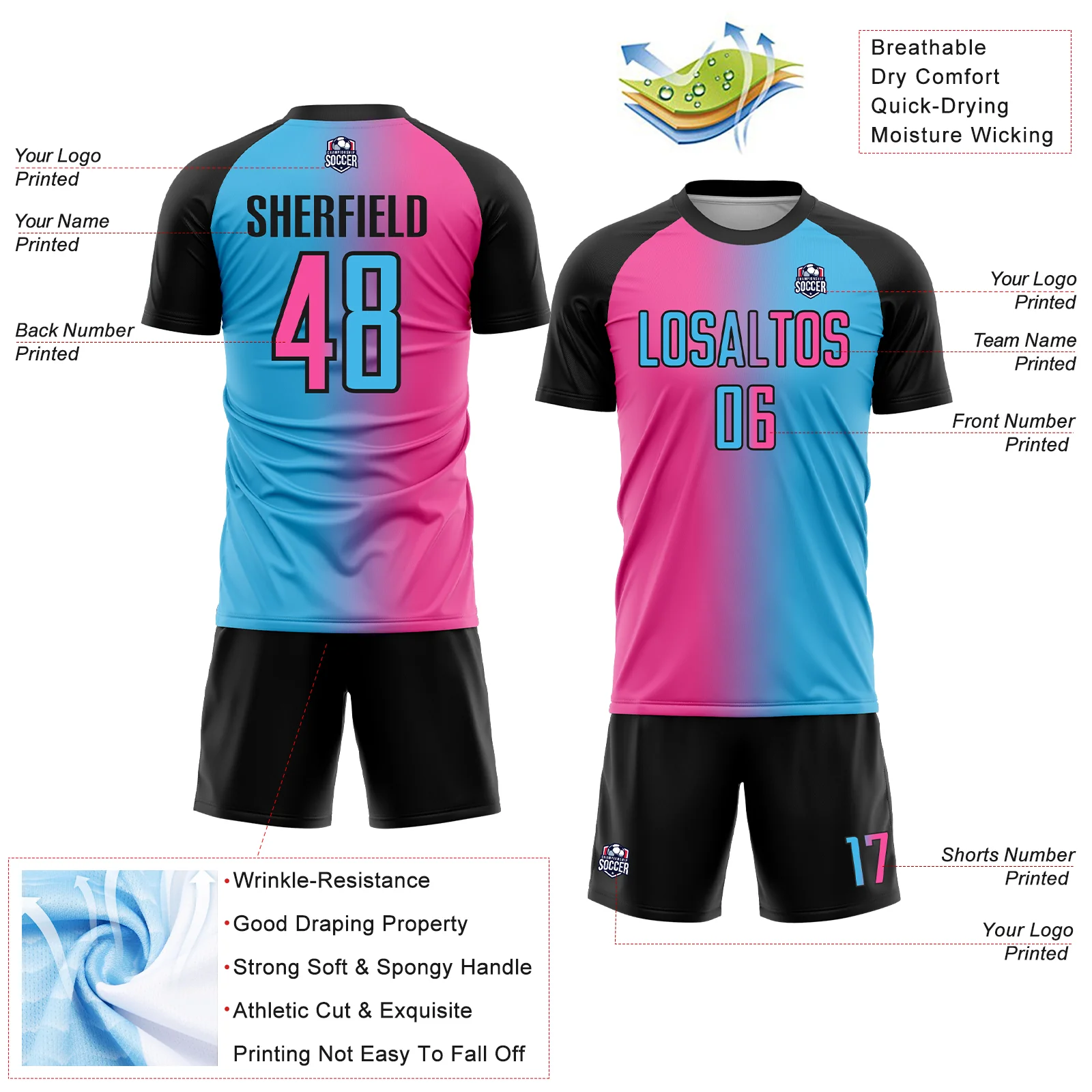 Custom Sky Blue Pink-Black Sublimation Gradient Fashion Soccer Uniform Jersey - Image 4