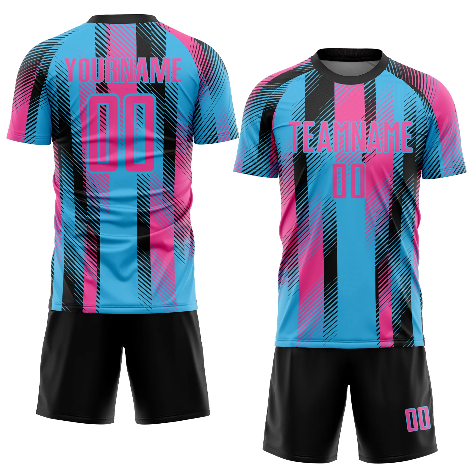Custom Sky Blue Pink-Black Diagonal Stripe Sports Sublimation Soccer Uniform Jersey - Image 2
