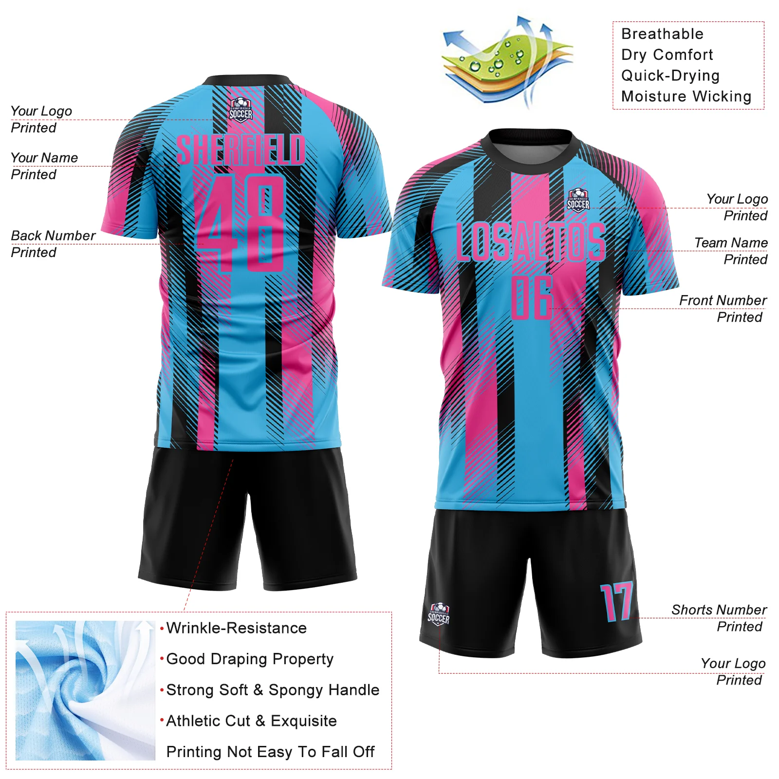 Custom Sky Blue Pink-Black Diagonal Stripe Sports Sublimation Soccer Uniform Jersey - Image 4