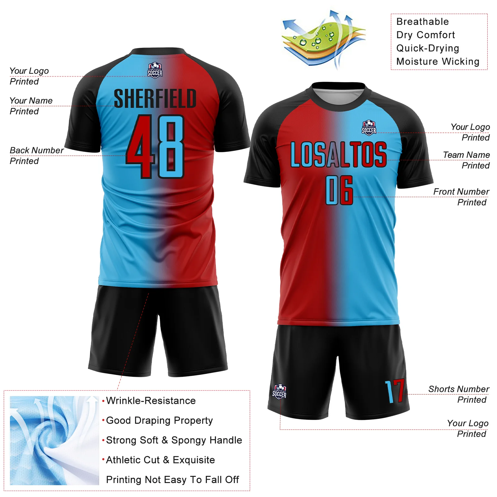 Custom Sky Blue Red-Black Sublimation Gradient Fashion Soccer Uniform Jersey - Image 4