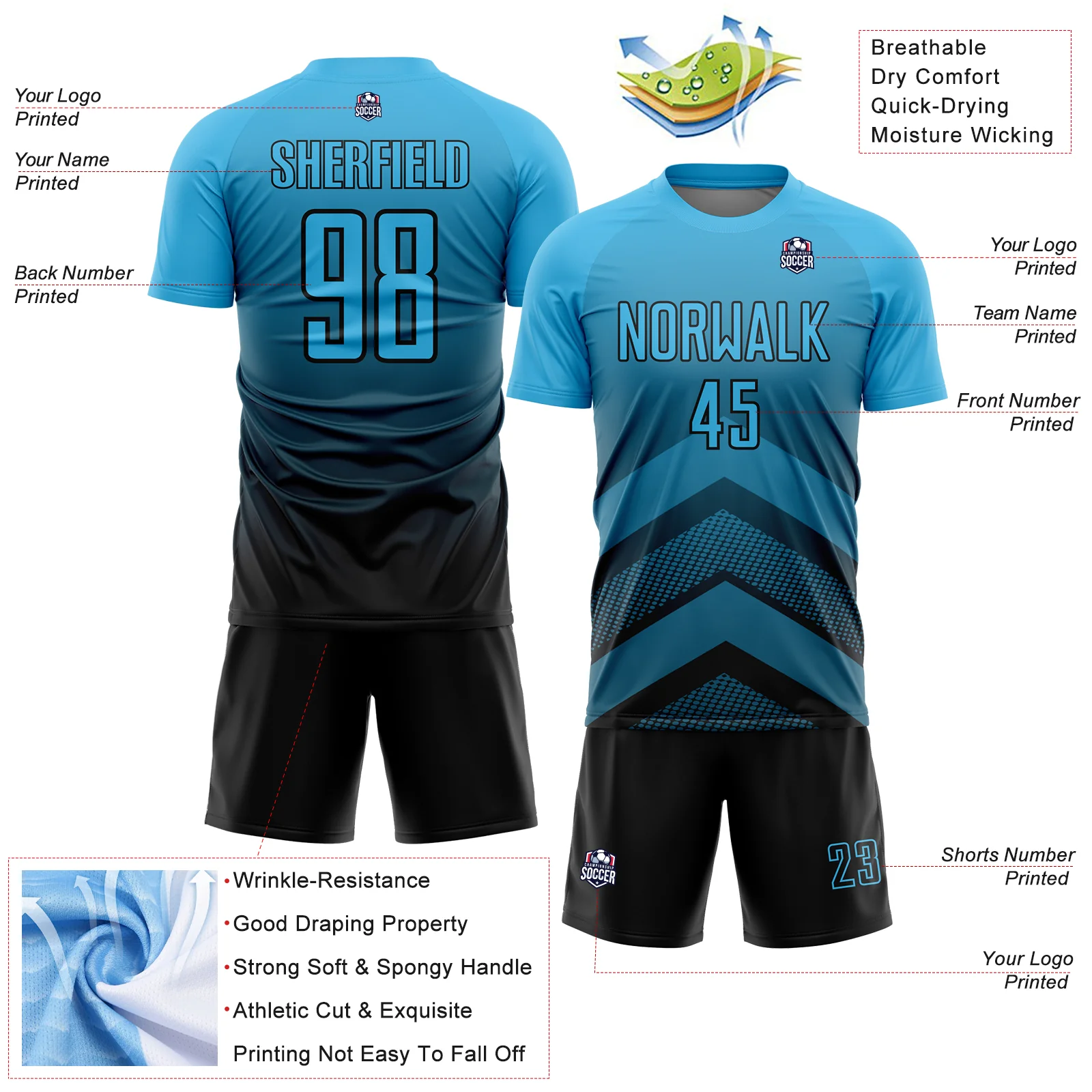 Custom Sky Blue Black Gradient Arrow Geometric Shapes Sublimation Soccer Uniform Jersey - Image 4