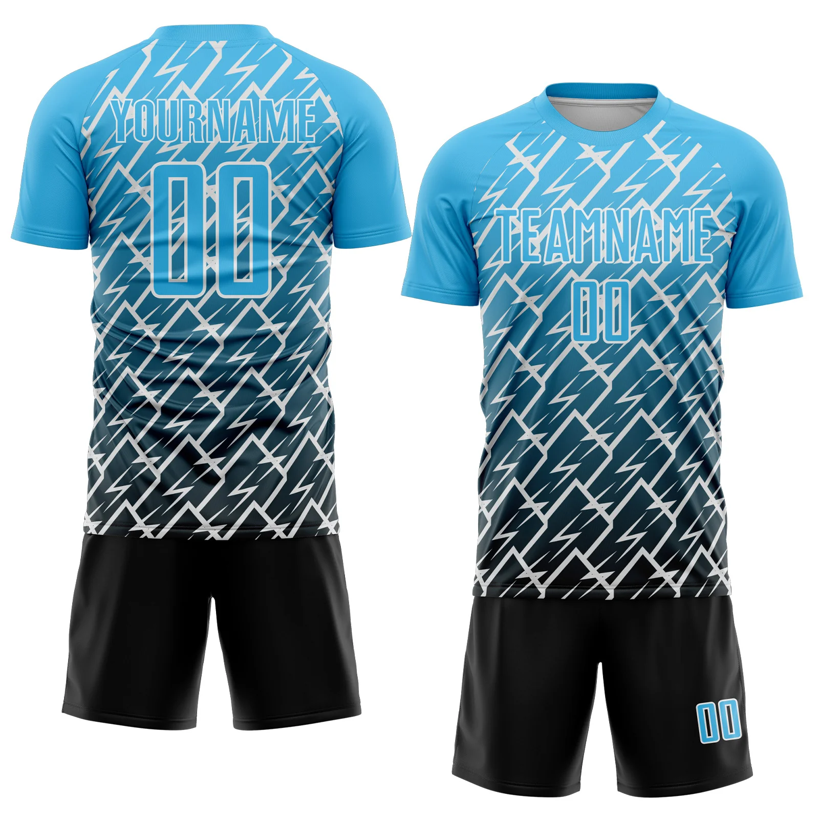 Custom Sky Blue Black-White Lightning Sports Sublimation Soccer Uniform Jersey - Image 2