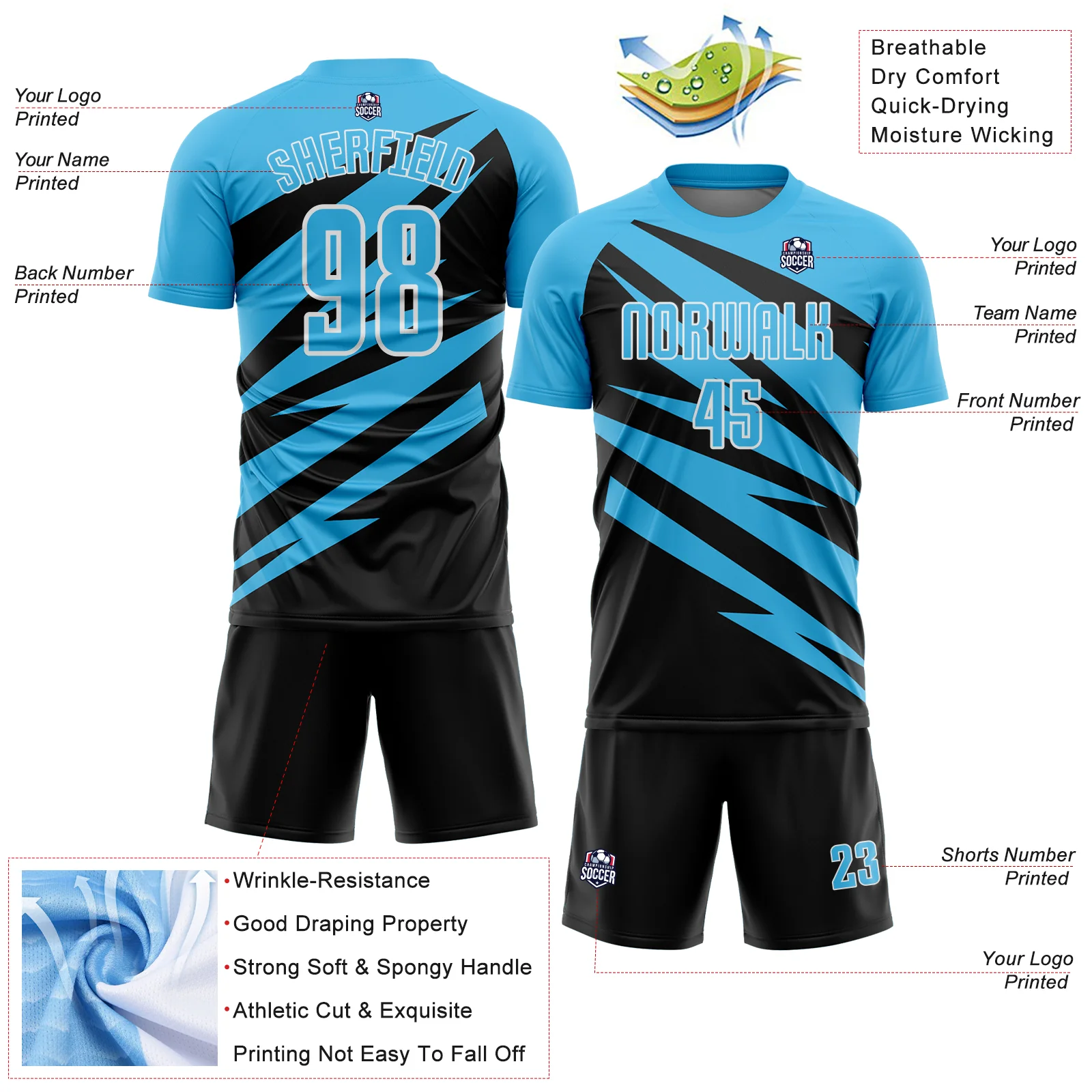 Custom Sky Blue Black-White Abstract Line Sports Sublimation Soccer Uniform Jersey - Image 4