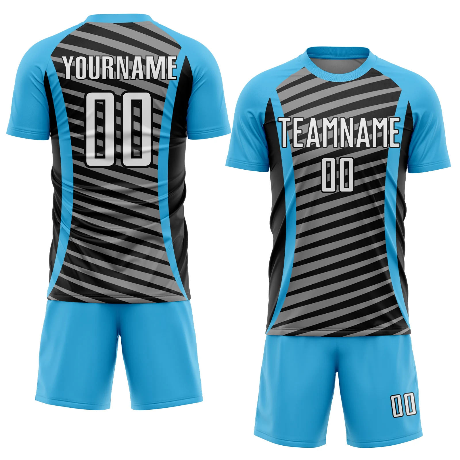 Custom Sky Blue White-Black Stripe Line Sublimation Soccer Uniform Jersey - Image 2