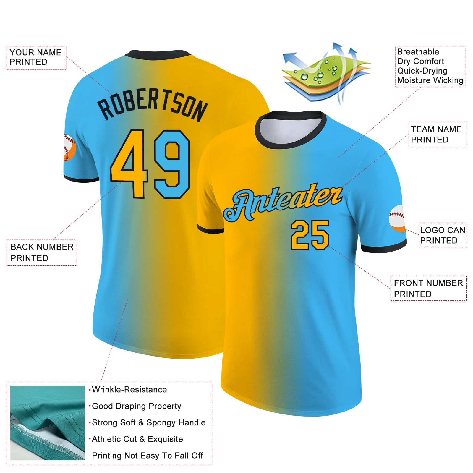 Custom Sky Blue Gold-Black Gradient Fashion Performance T-Shirt - Image 2
