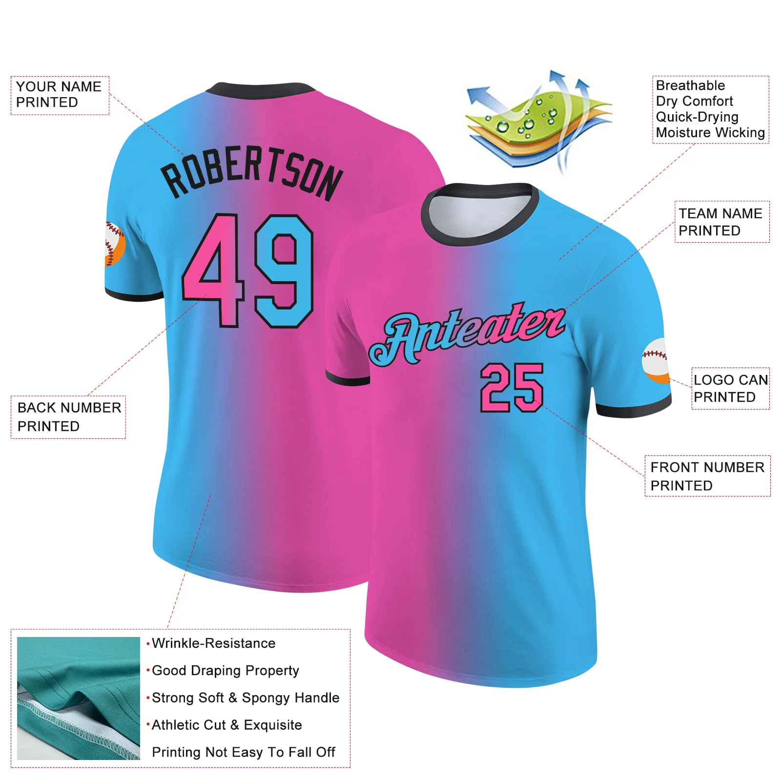Custom Sky Blue Pink-Black Gradient Fashion Performance T-Shirt - Image 2