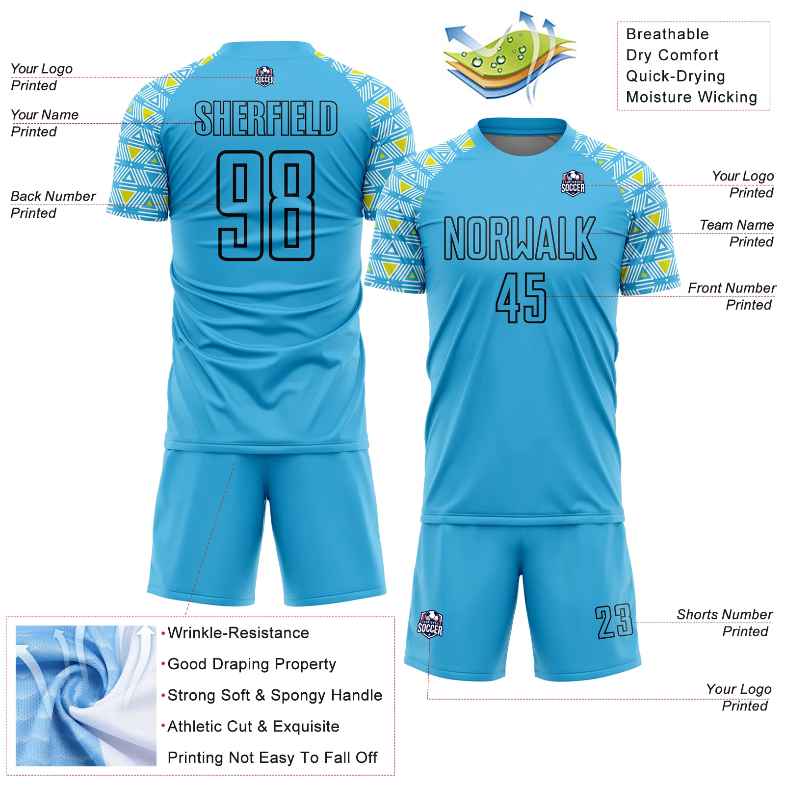 Custom Sky Blue Black Geometric Shape Sublimation Soccer Uniform Jersey - Image 4