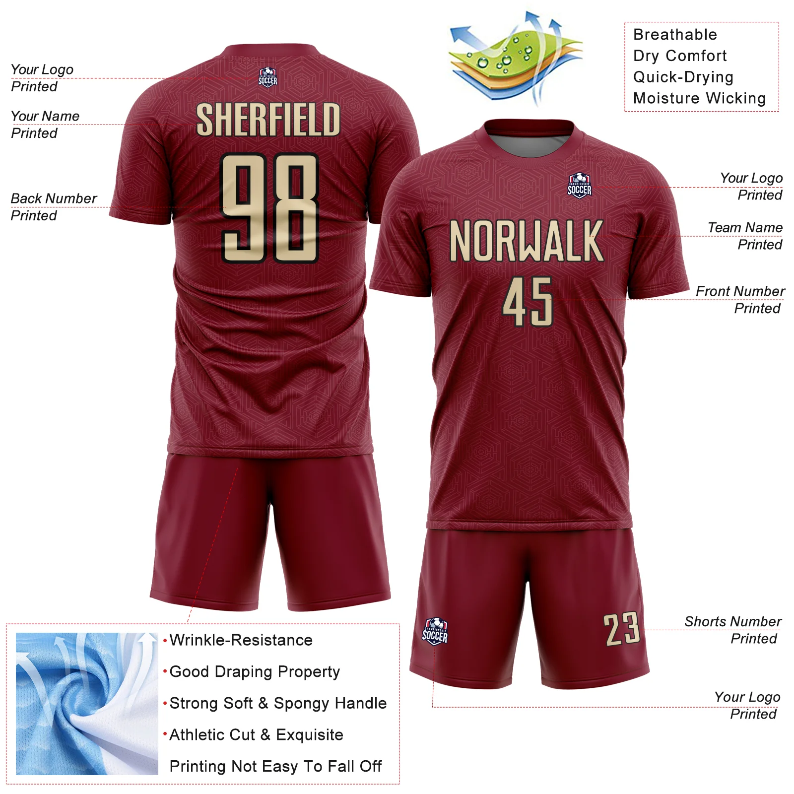 Custom Crimson Cream-Black Geometric Shape Sports Sublimation Soccer Uniform Jersey - Image 4
