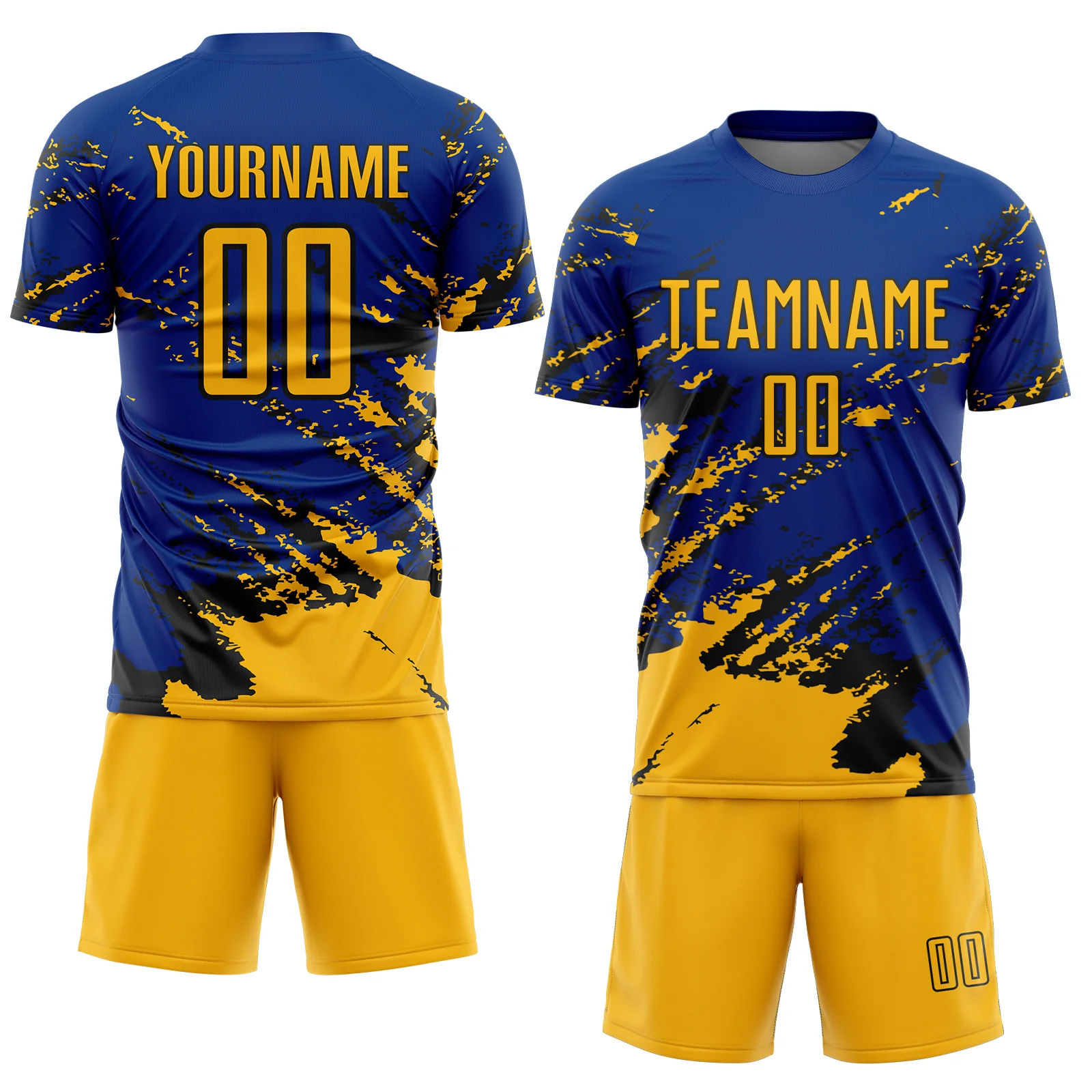 Custom Royal Gold-Black Abstract Fragment Art Splash Sports Sublimation Soccer Uniform Jersey - Image 2