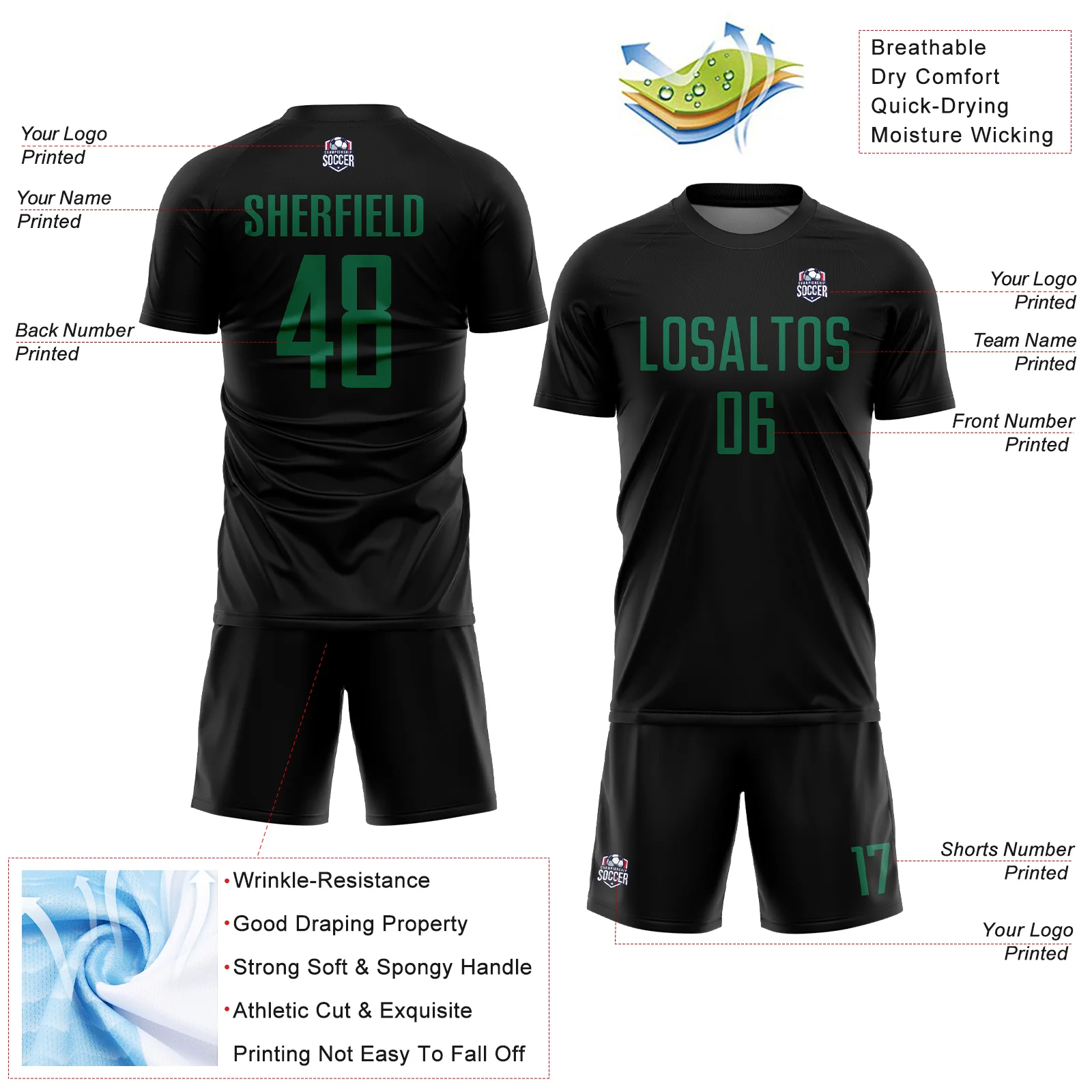 Custom Black Kelly Green Sublimation Soccer Uniform Jersey - Image 4