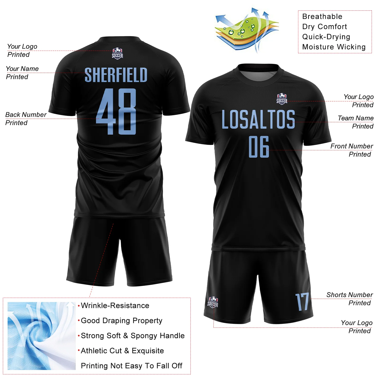 Custom Black Light Blue Sublimation Soccer Uniform Jersey - Image 4