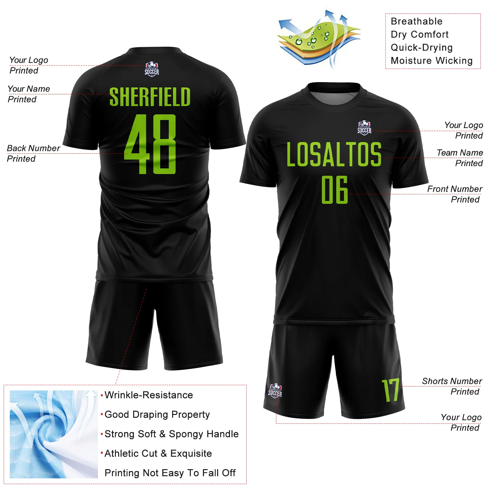 Custom Black Neon Green Sublimation Soccer Uniform Jersey - Image 4