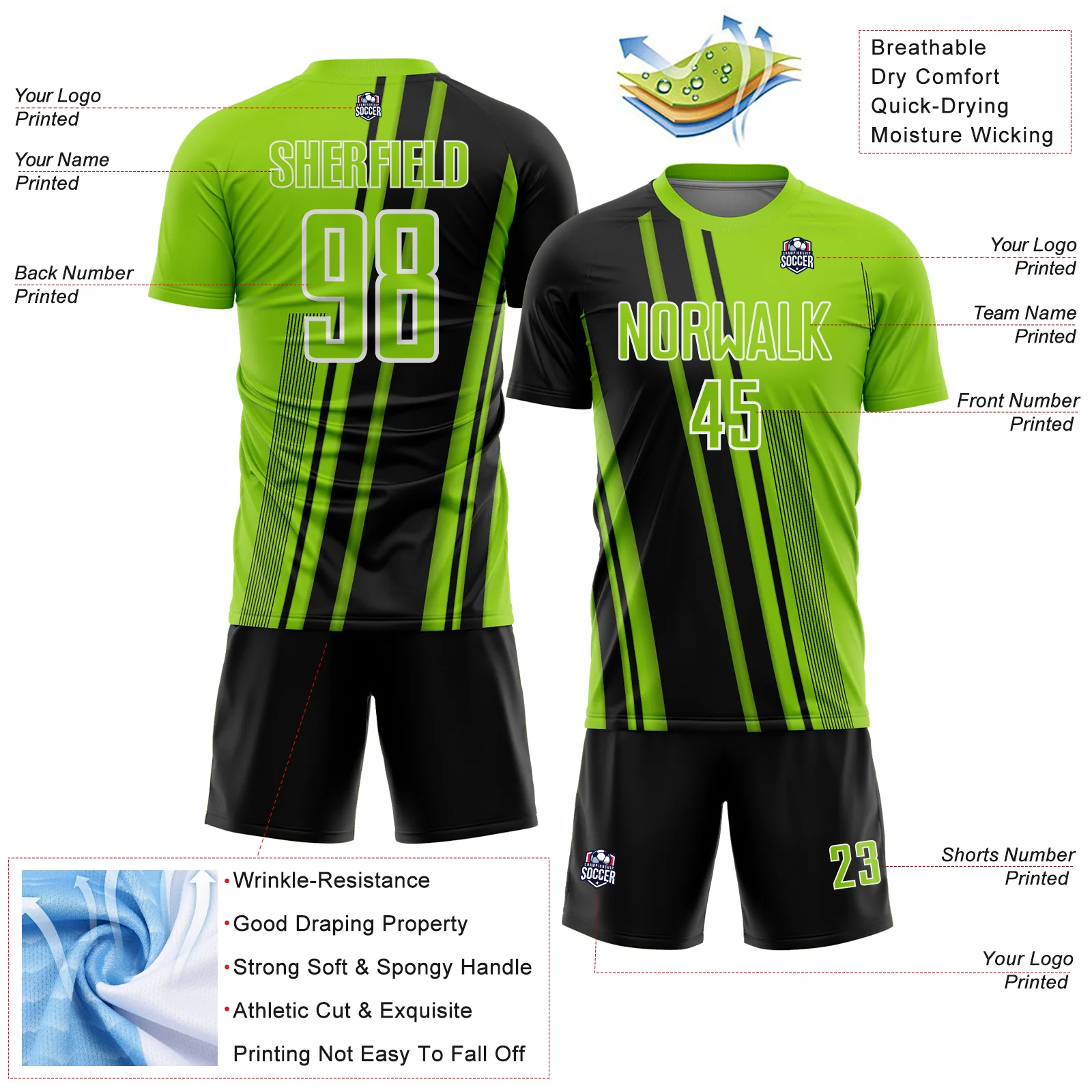 Custom Neon Green Black-White Lines Sports Sublimation Soccer Uniform Jersey - Image 4