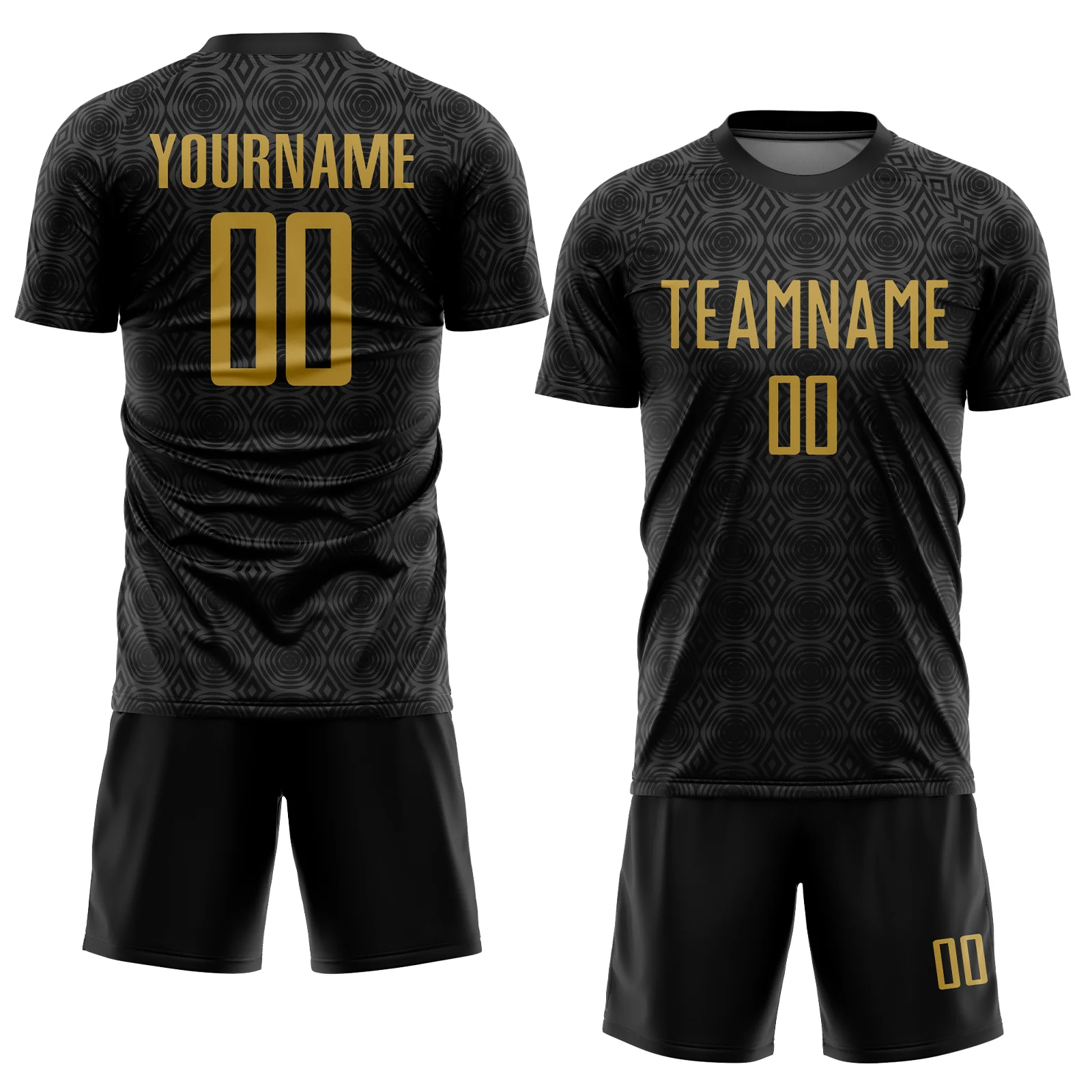 Custom Black Old Gold Geometric Shapes Sublimation Soccer Uniform Jersey - Image 2