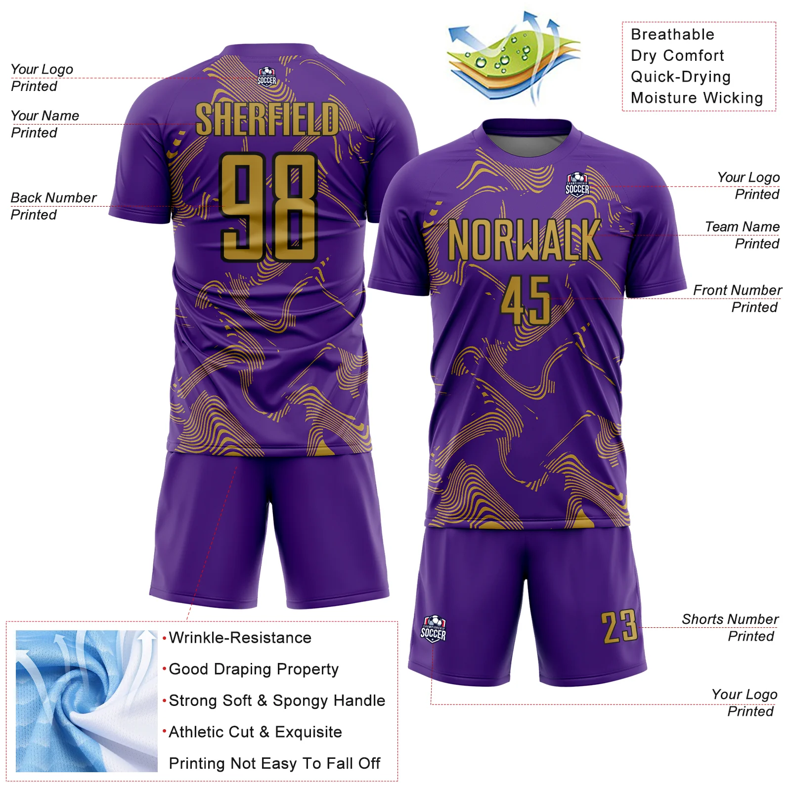 Custom Purple Old Gold-Black Curve Lines Sports Sublimation Soccer Uniform Jersey - Image 4