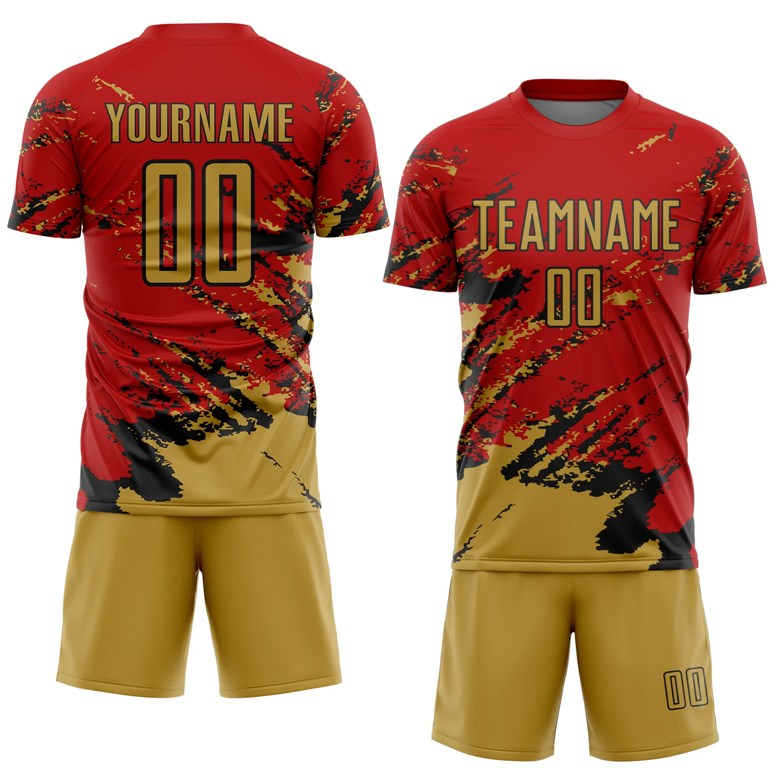 Custom Red Old Gold-Black Abstract Fragment Art Splash Sports Sublimation Soccer Uniform Jersey - Image 2