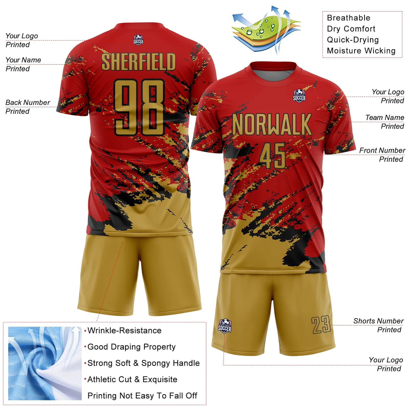 Custom Red Old Gold-Black Abstract Fragment Art Splash Sports Sublimation Soccer Uniform Jersey - Image 4
