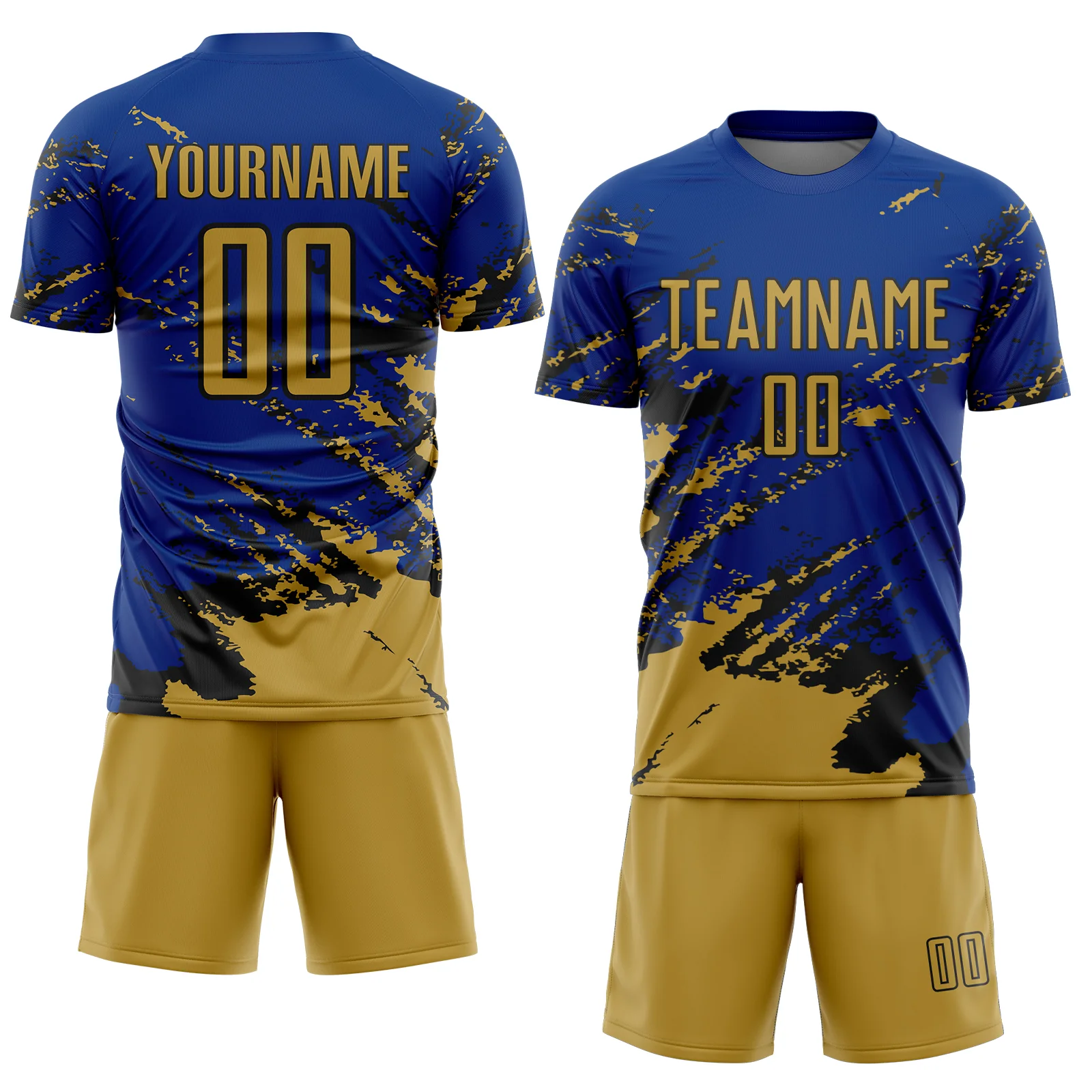 Custom Royal Old Gold-Black Abstract Fragment Art Splash Sports Sublimation Soccer Uniform Jersey - Image 2