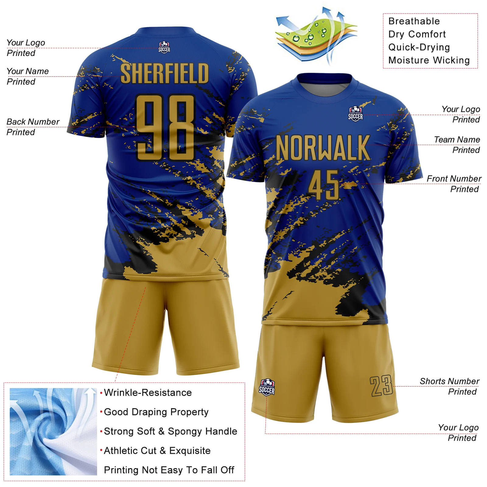 Custom Royal Old Gold-Black Abstract Fragment Art Splash Sports Sublimation Soccer Uniform Jersey - Image 4
