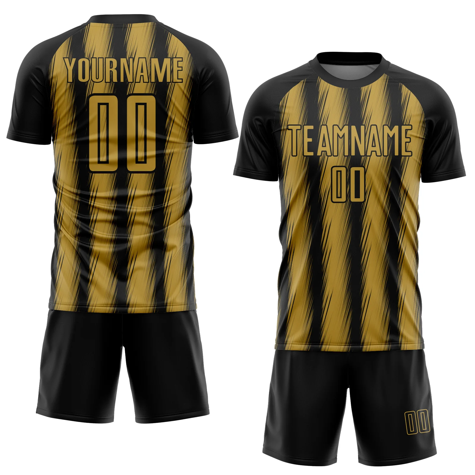 Custom Black Old Gold Vertical Brush Stroke Stripes Sublimation Soccer Uniform Jersey - Image 2