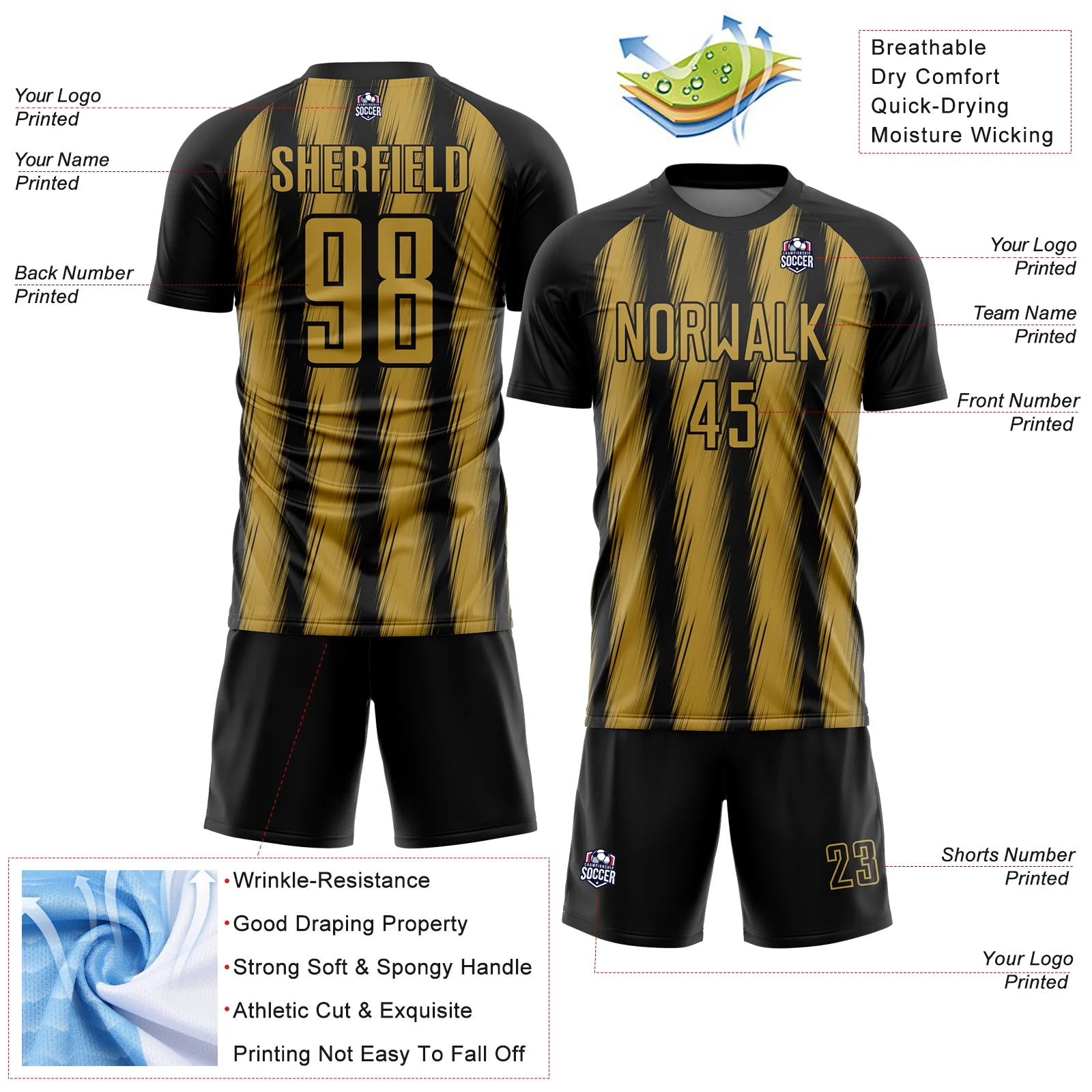 Custom Black Old Gold Vertical Brush Stroke Stripes Sublimation Soccer Uniform Jersey - Image 4