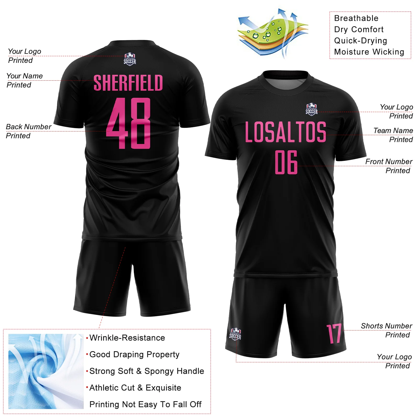 Custom Black Pink Sublimation Soccer Uniform Jersey - Image 4