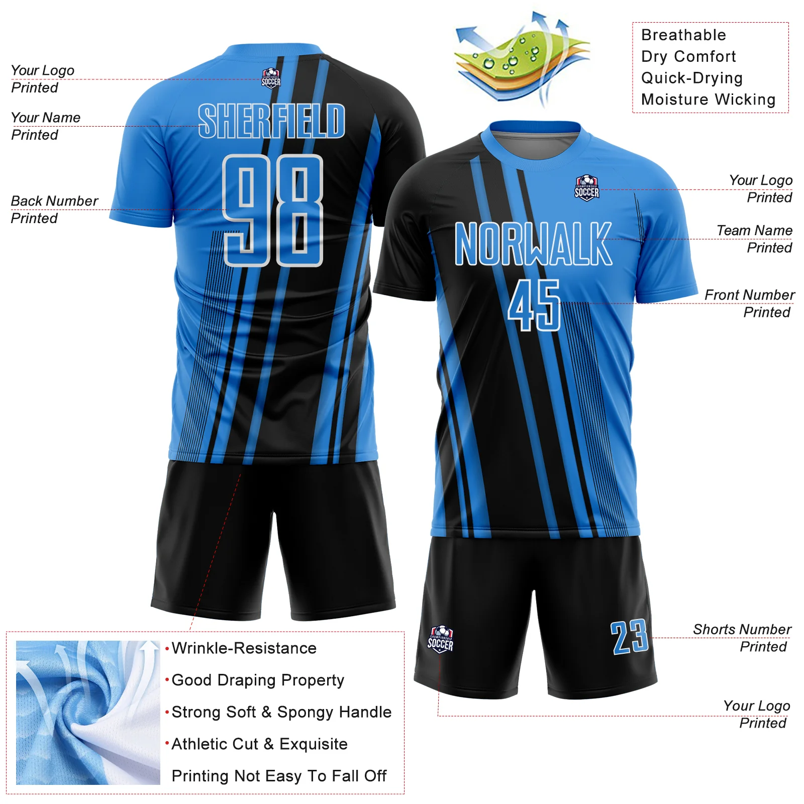 Custom Powder Blue Black-White Lines Sports Sublimation Soccer Uniform Jersey - Image 4