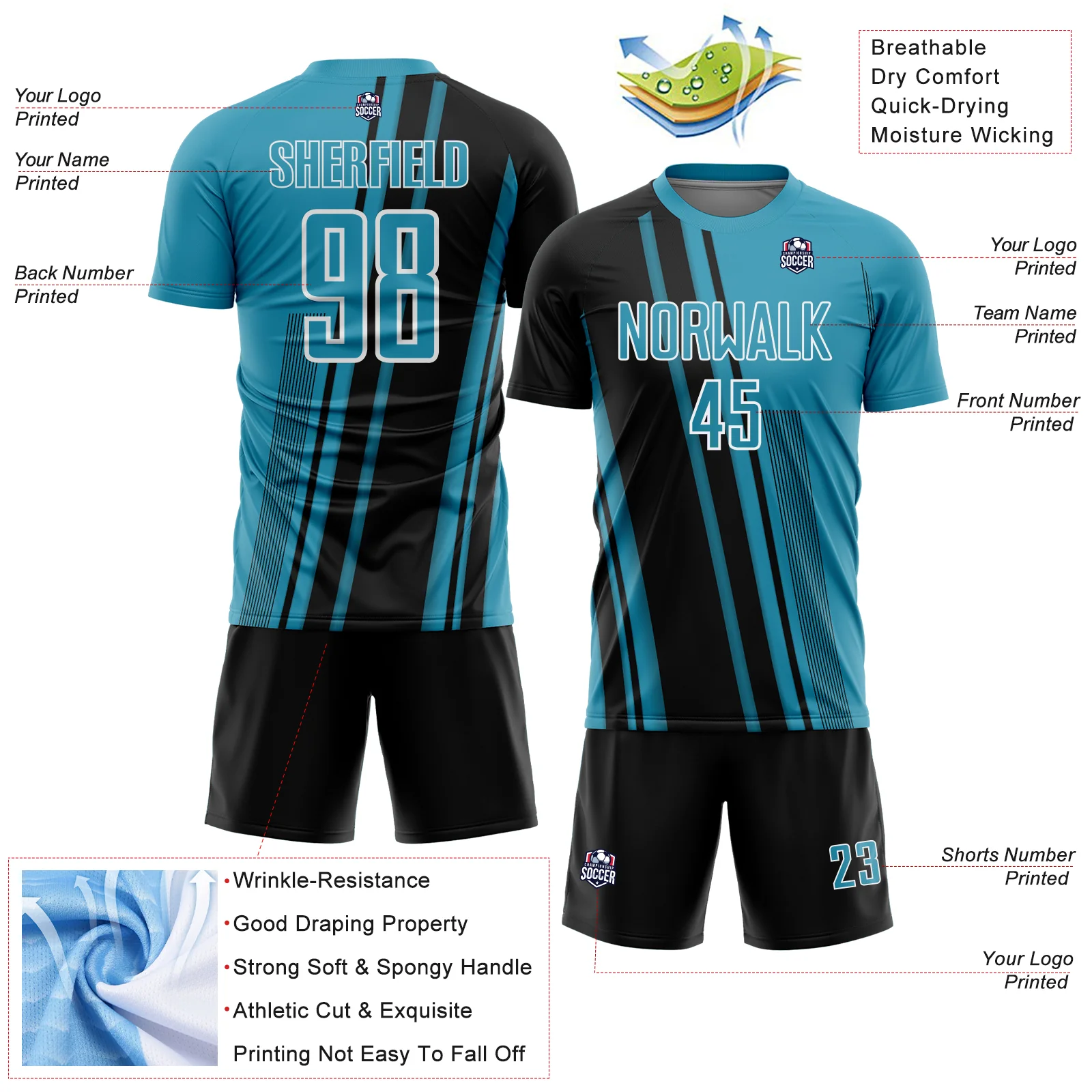 Custom Panther Blue Black-White Lines Sports Sublimation Soccer Uniform Jersey - Image 4