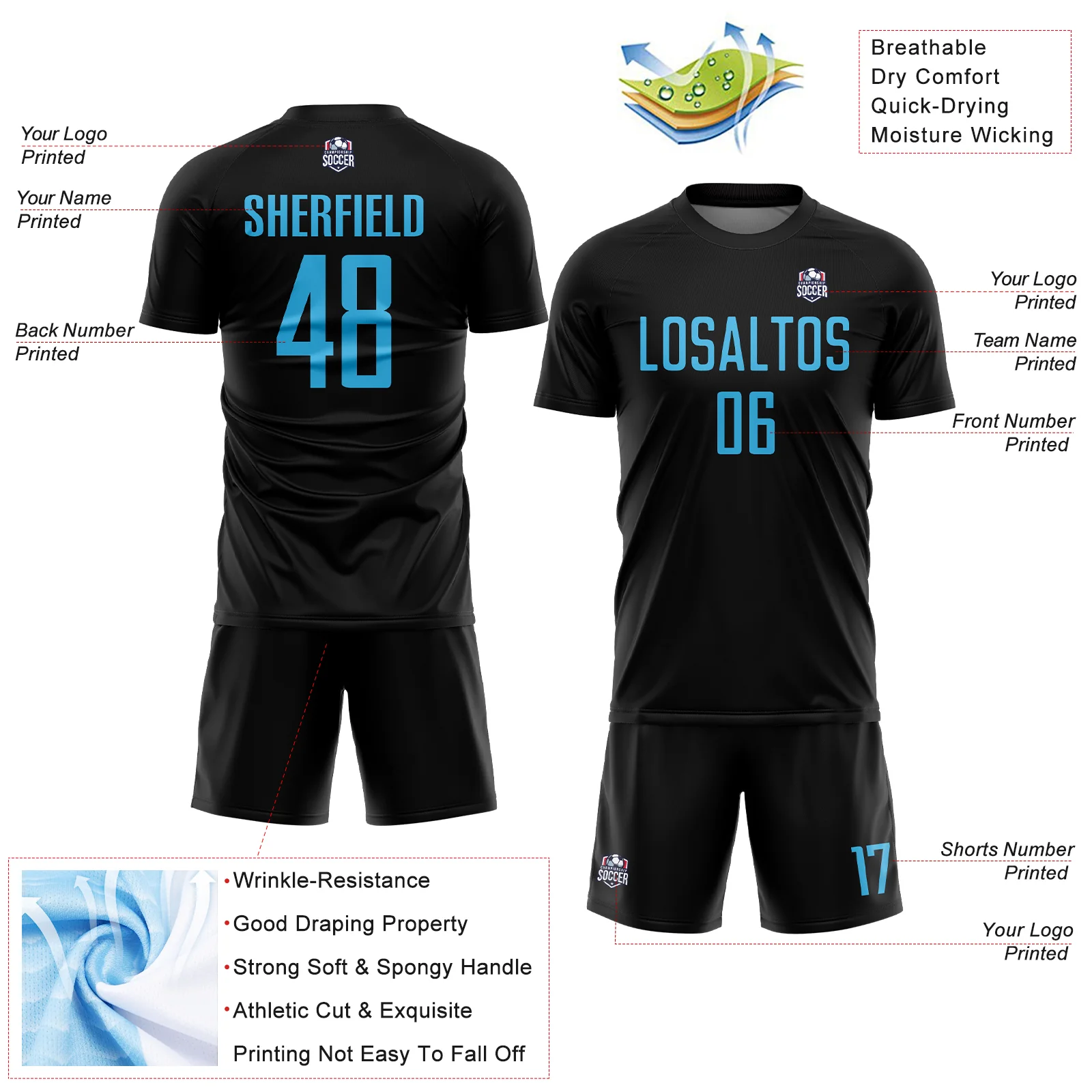 Custom Black Sky Blue Sublimation Soccer Uniform Jersey - Image 4