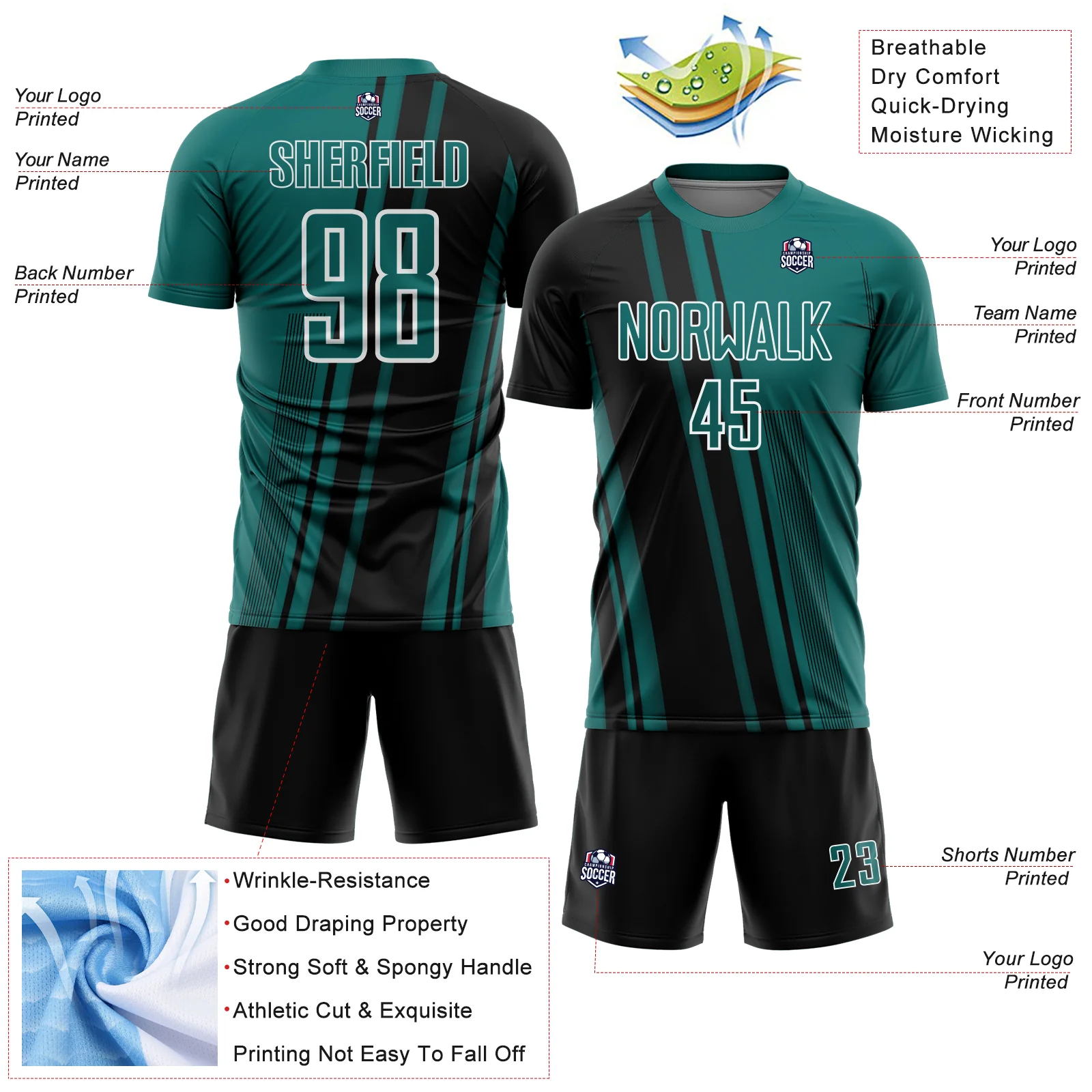 Custom Teal Black-White Lines Sports Sublimation Soccer Uniform Jersey - Image 4