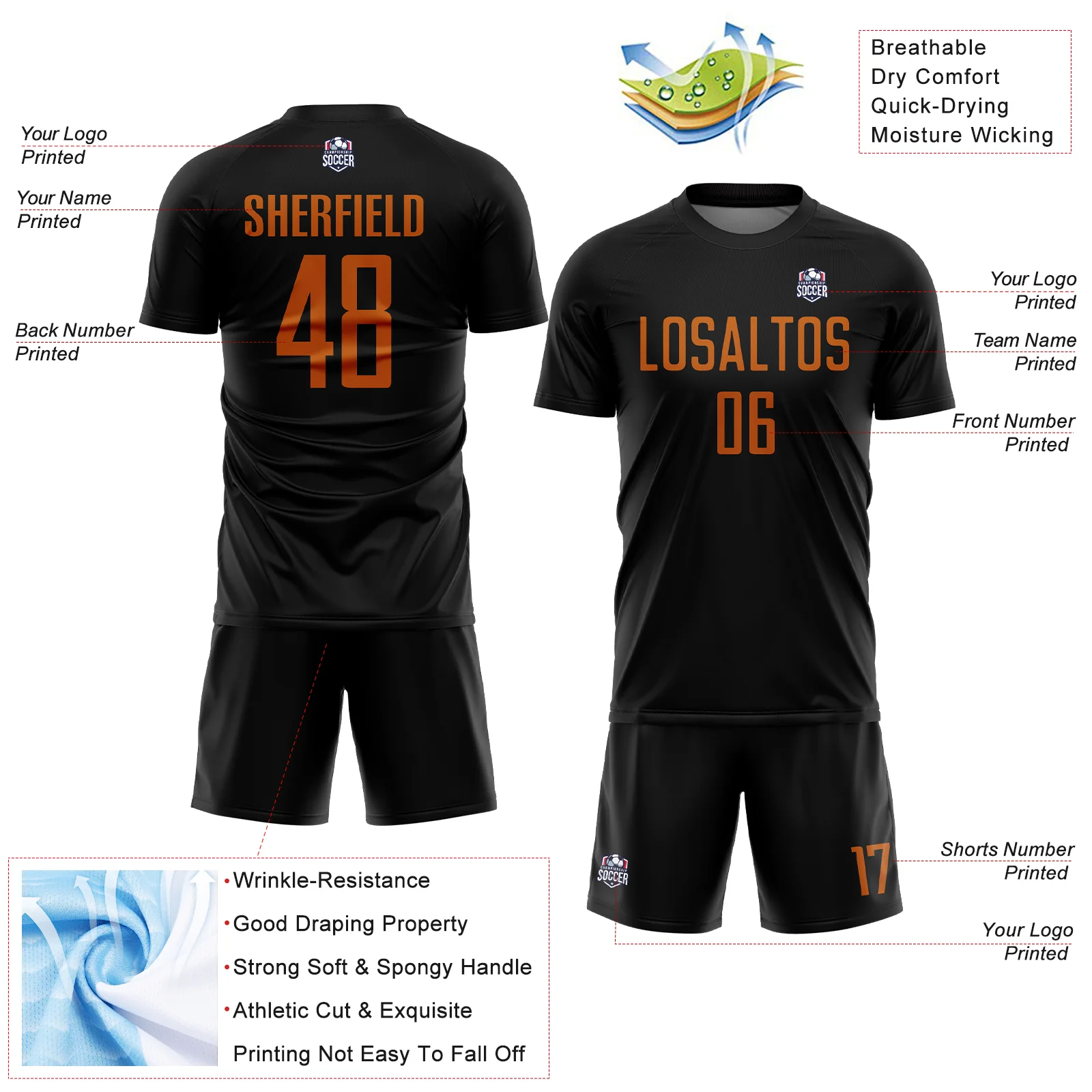 Custom Black Texas Orange Sublimation Soccer Uniform Jersey - Image 4
