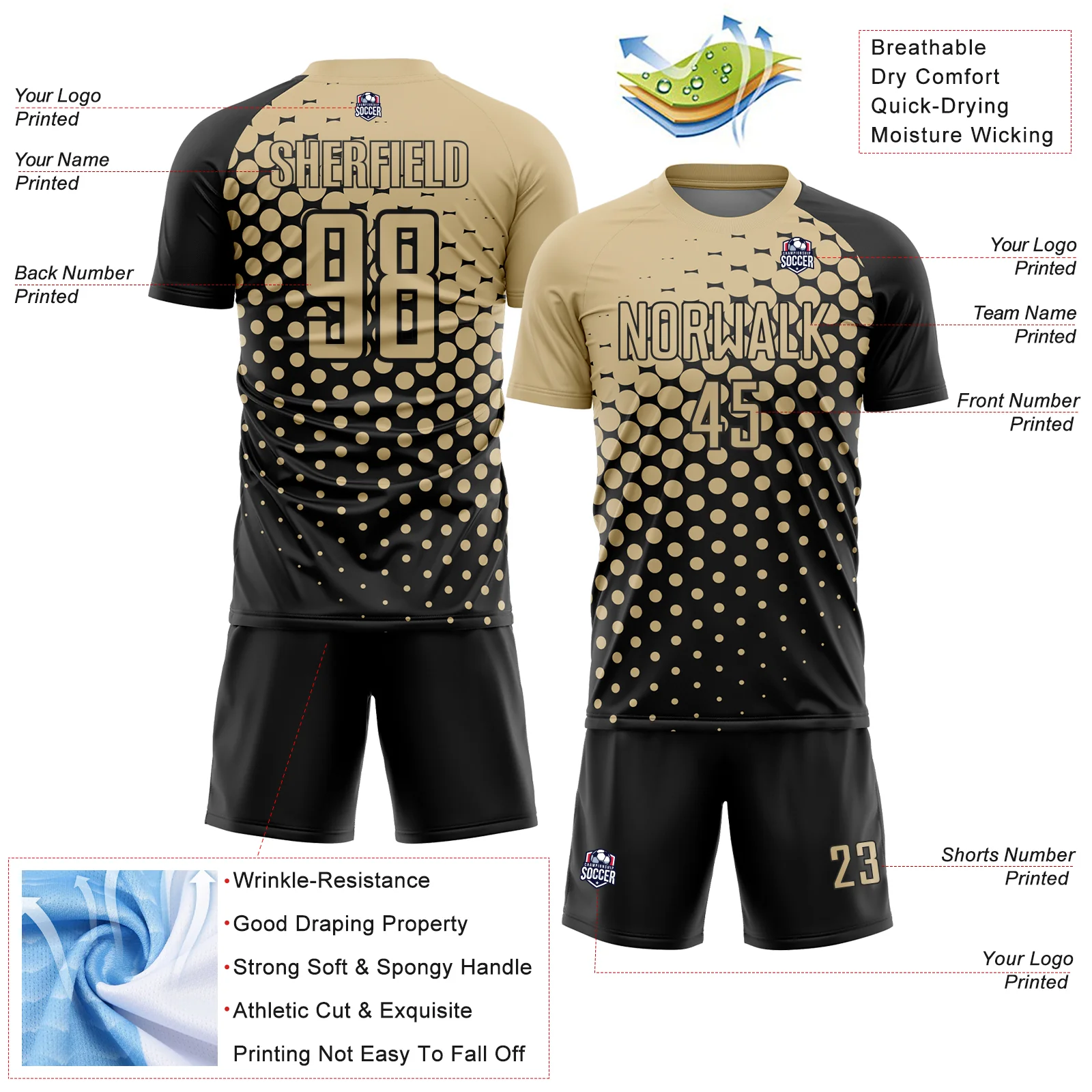 Custom Black Vegas Gold Modern Polka Dot Sublimation Soccer Uniform Jersey - Image 4