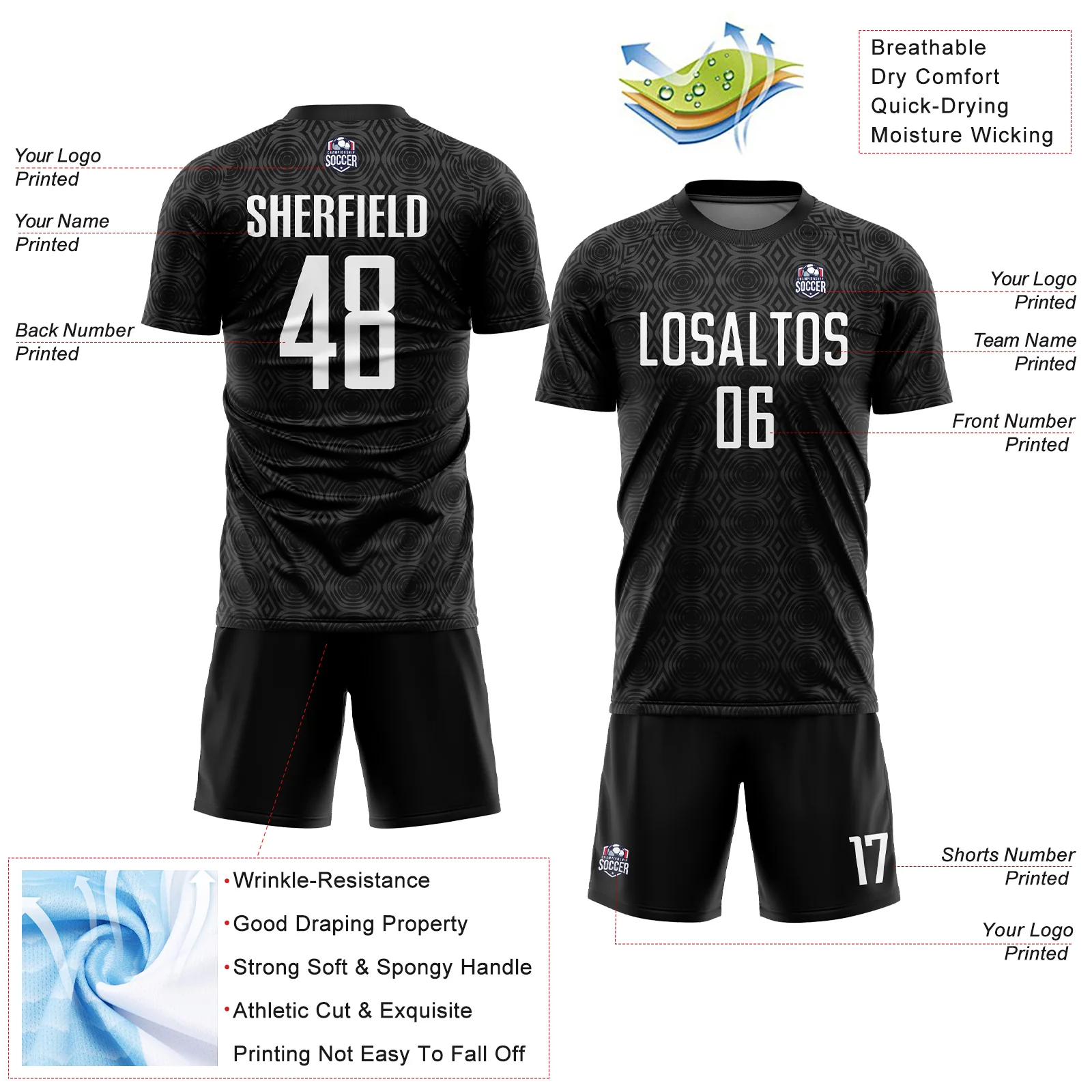 Custom Black White Geometric Shapes Sublimation Soccer Uniform Jersey - Image 4
