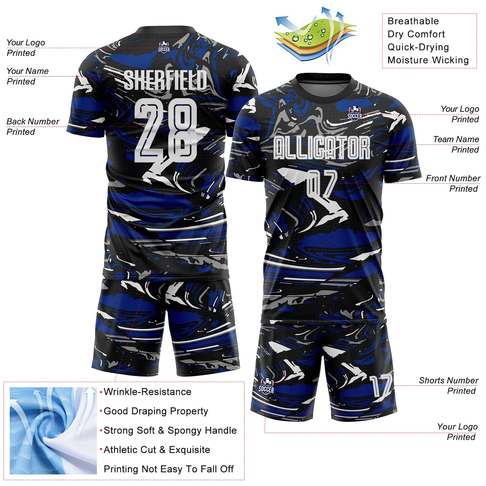 Custom Figure White Black-Royal Fluid Art Splash Sublimation Soccer Uniform Jersey - Image 4