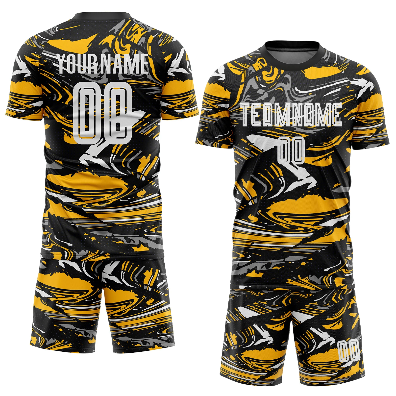 Custom Figure White Black-Gold Fluid Art Splash Sublimation Soccer Uniform Jersey - Image 2