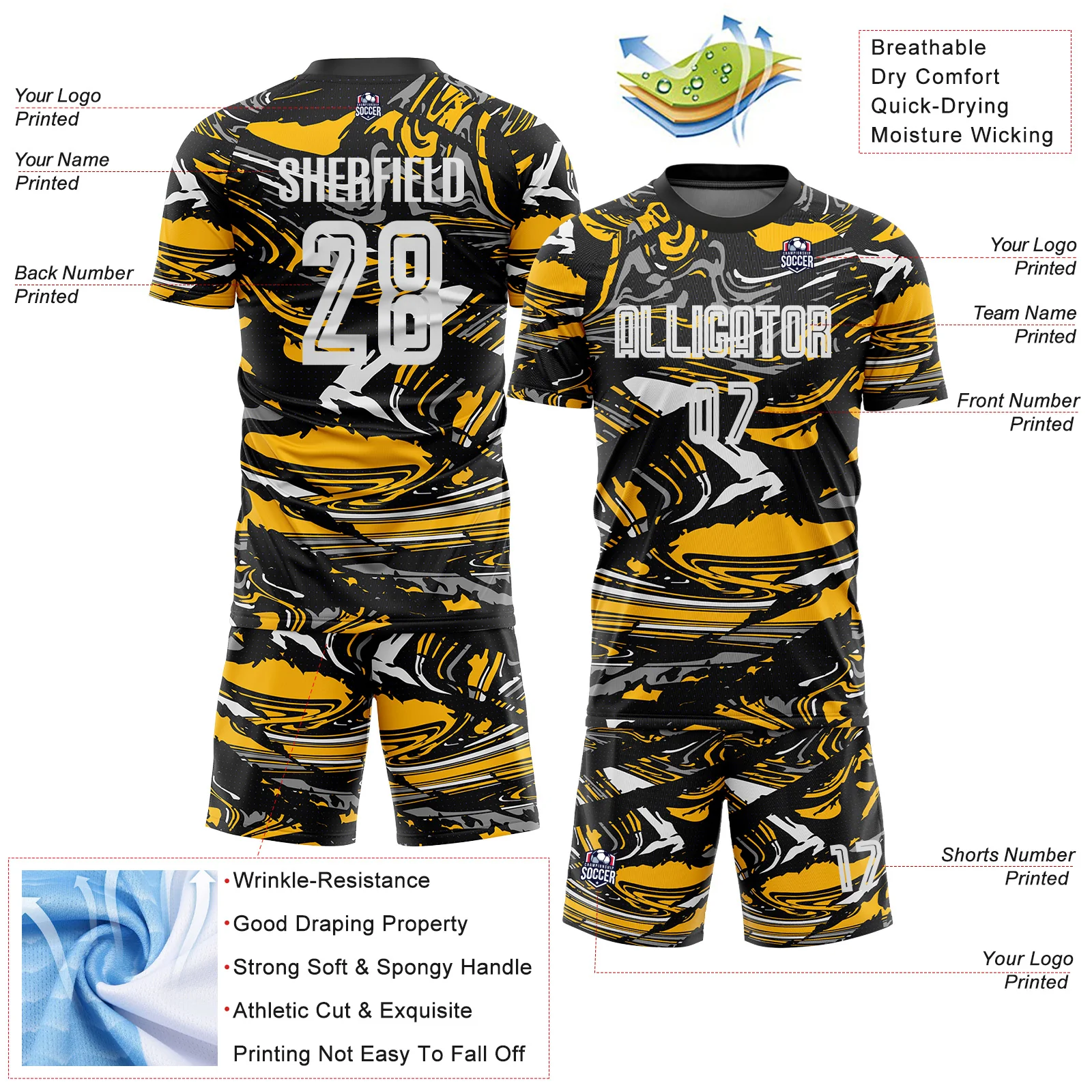 Custom Figure White Black-Gold Fluid Art Splash Sublimation Soccer Uniform Jersey - Image 4