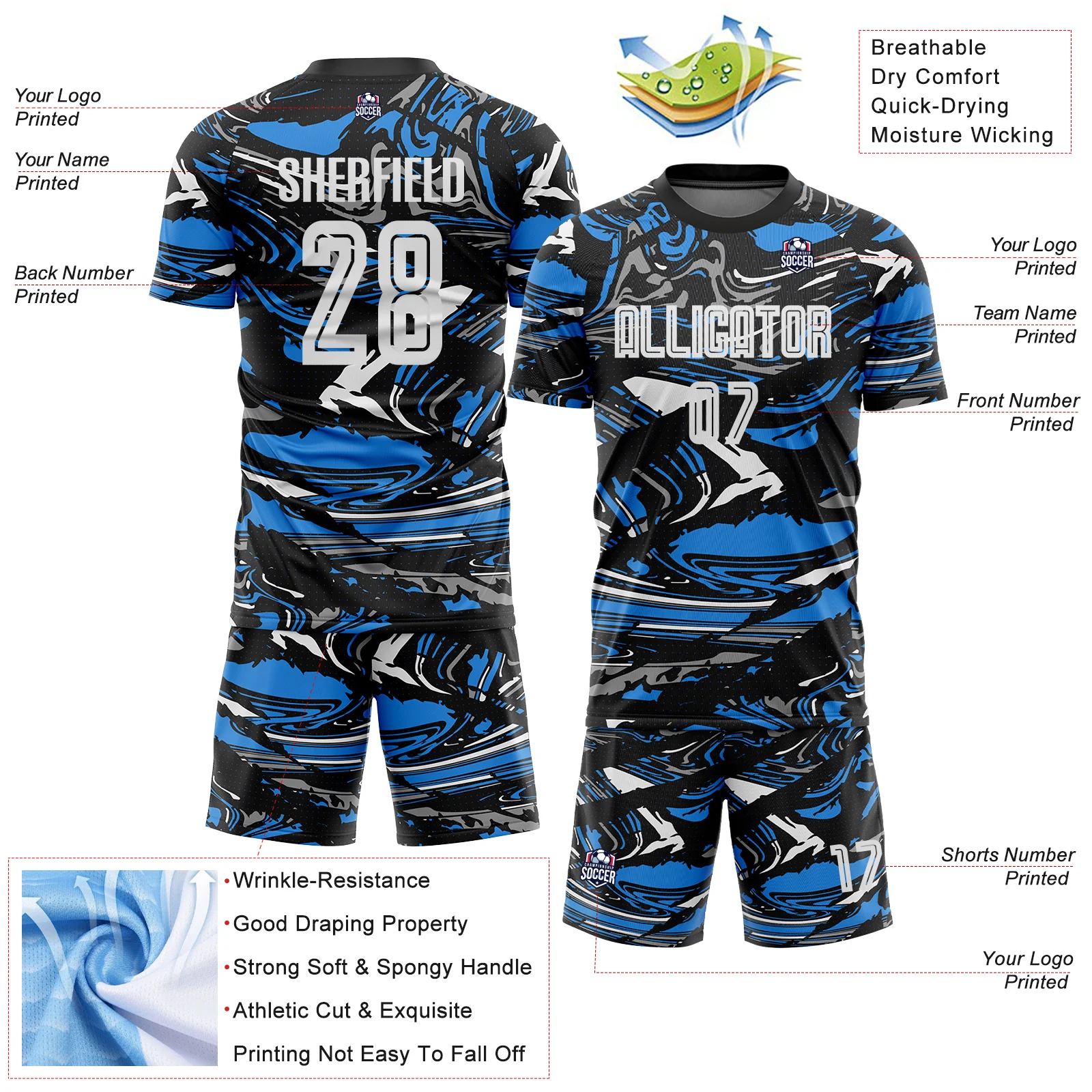 Custom Figure White Black-Powder Blue Fluid Art Splash Sublimation Soccer Uniform Jersey - Image 4