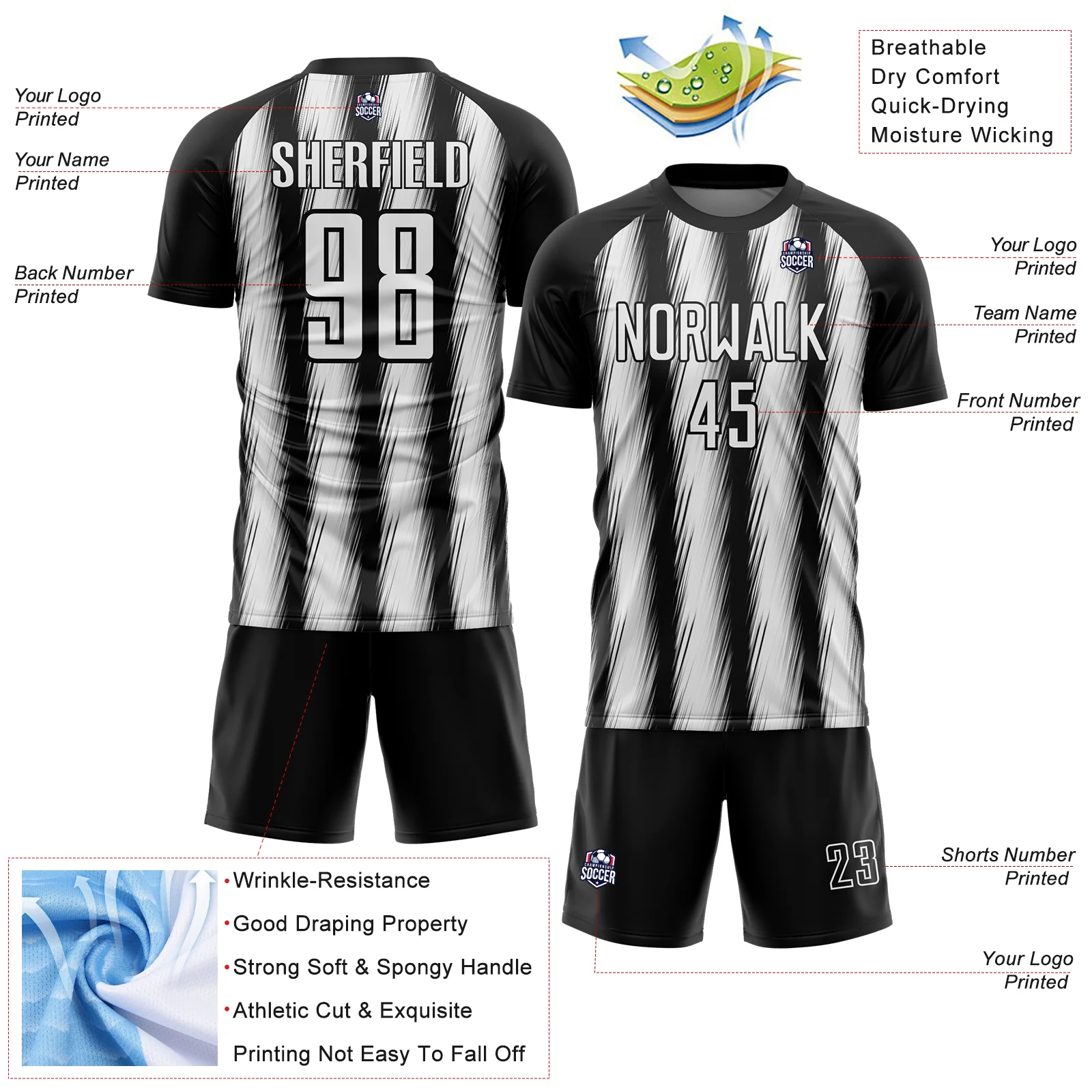 Custom Black White Vertical Brush Stroke Stripes Sublimation Soccer Uniform Jersey - Image 4