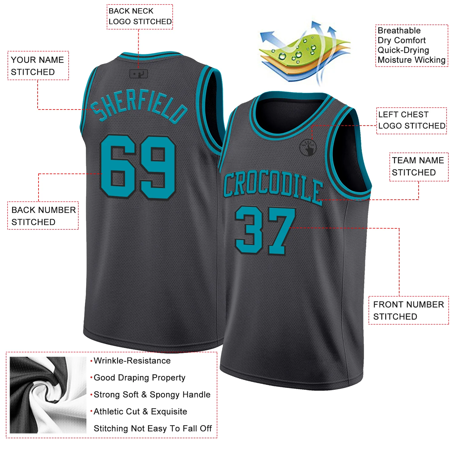 Custom Steel Gray Teal-Black Authentic Basketball Jersey - Image 2